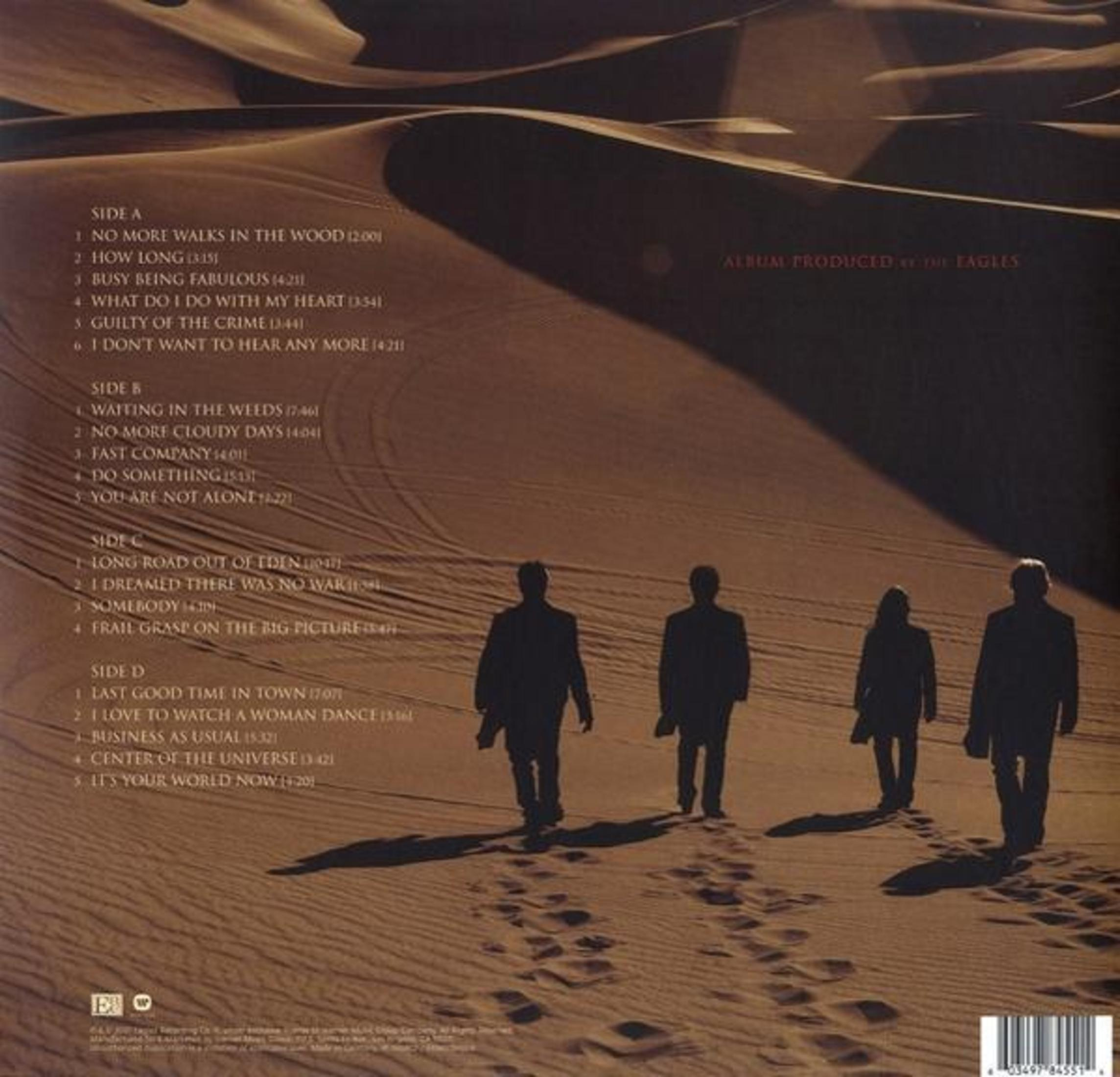 Retro copertina dell'album, persone silhouette che camminano, paesaggio desertico, titoli canzoni.