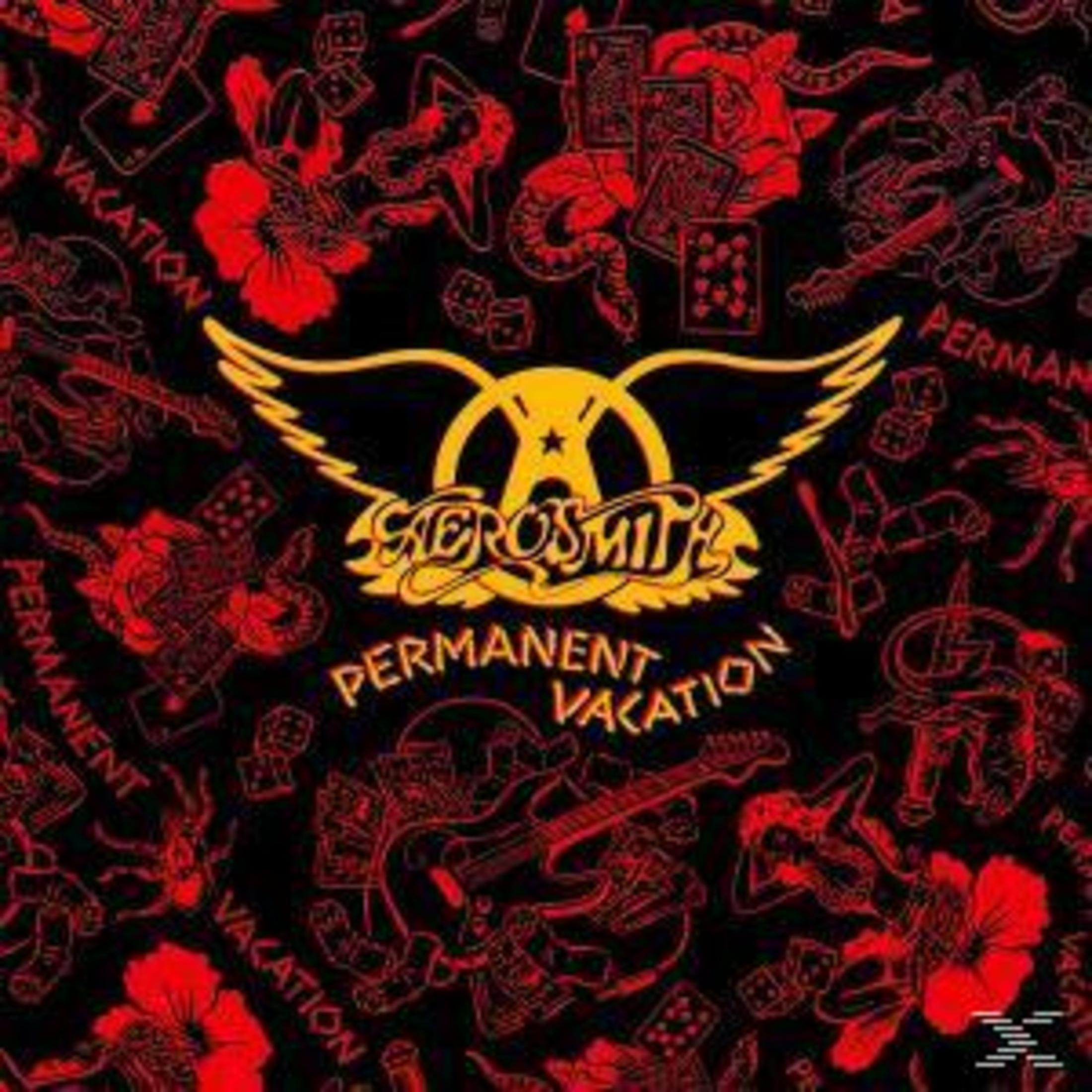 Logo Aerosmith con sfondo rosso e nero con disegni di chitarre e carte. Testo 'Permanent Vacation'.