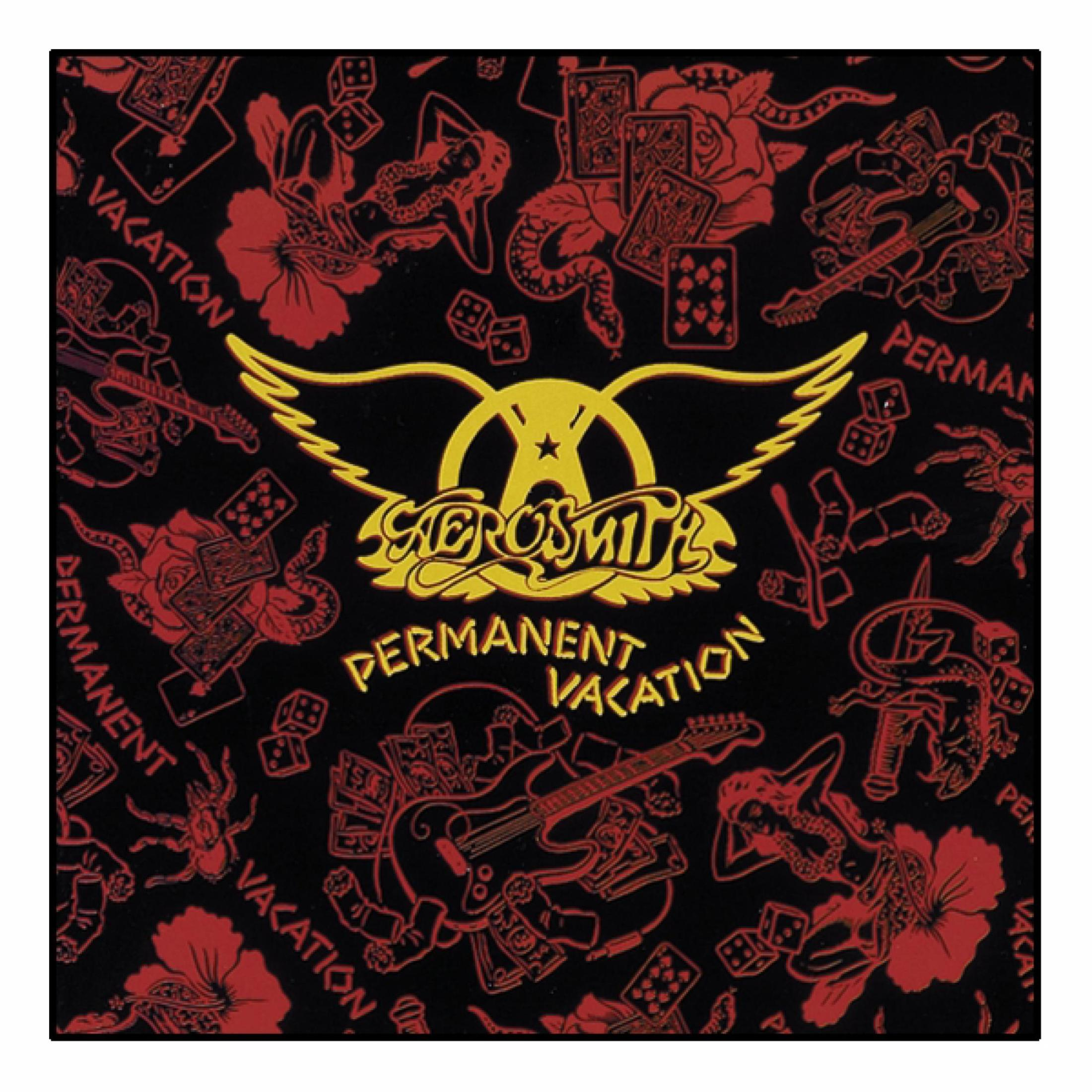 Copertina dell'album degli Aerosmith. Logo delle ali, testo 'Permanent Vacation'. Sfondo rosso e nero con illustrazioni.