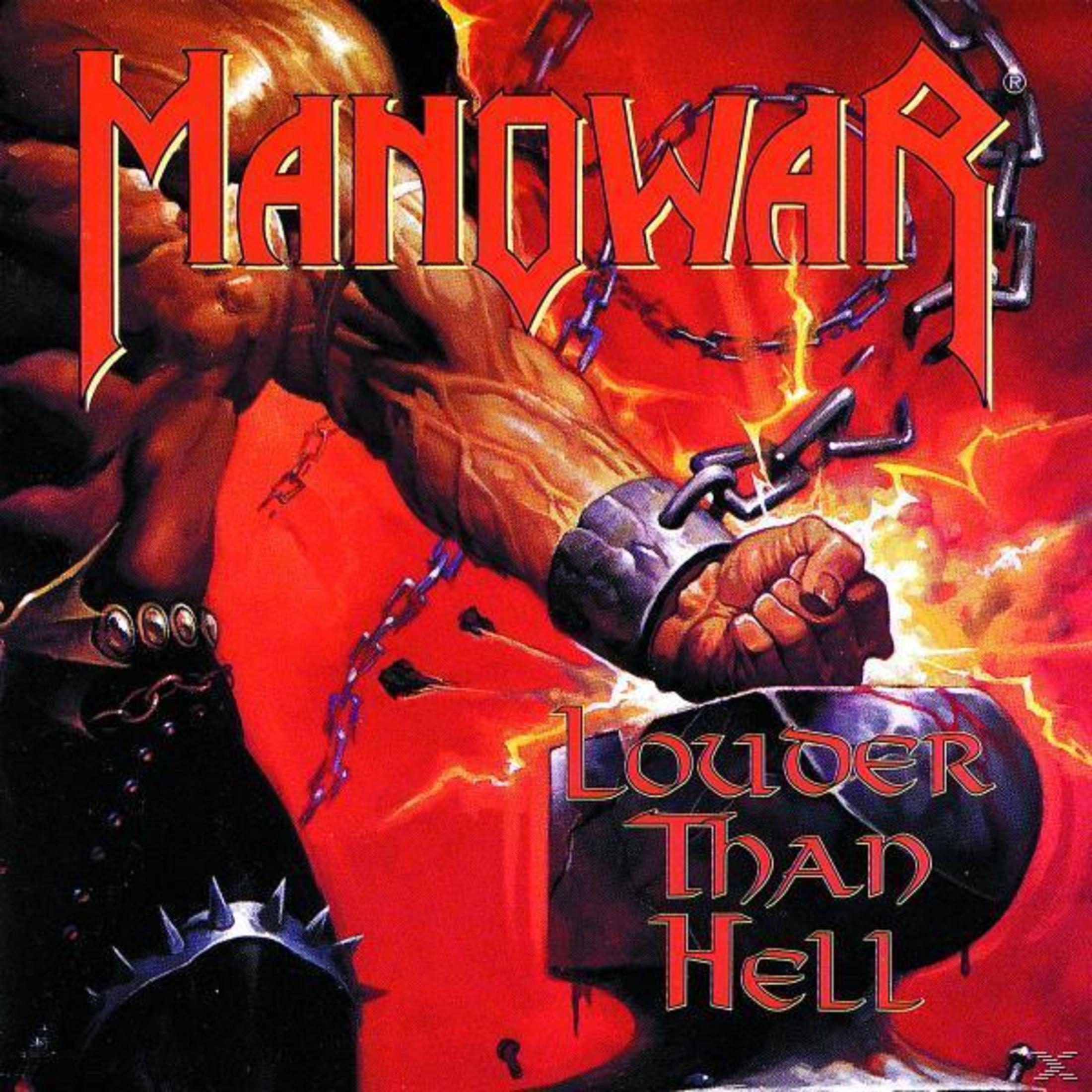Albumhoes: Manowar's 'Louder Than Hell' met een gespierde arm en kettingen.