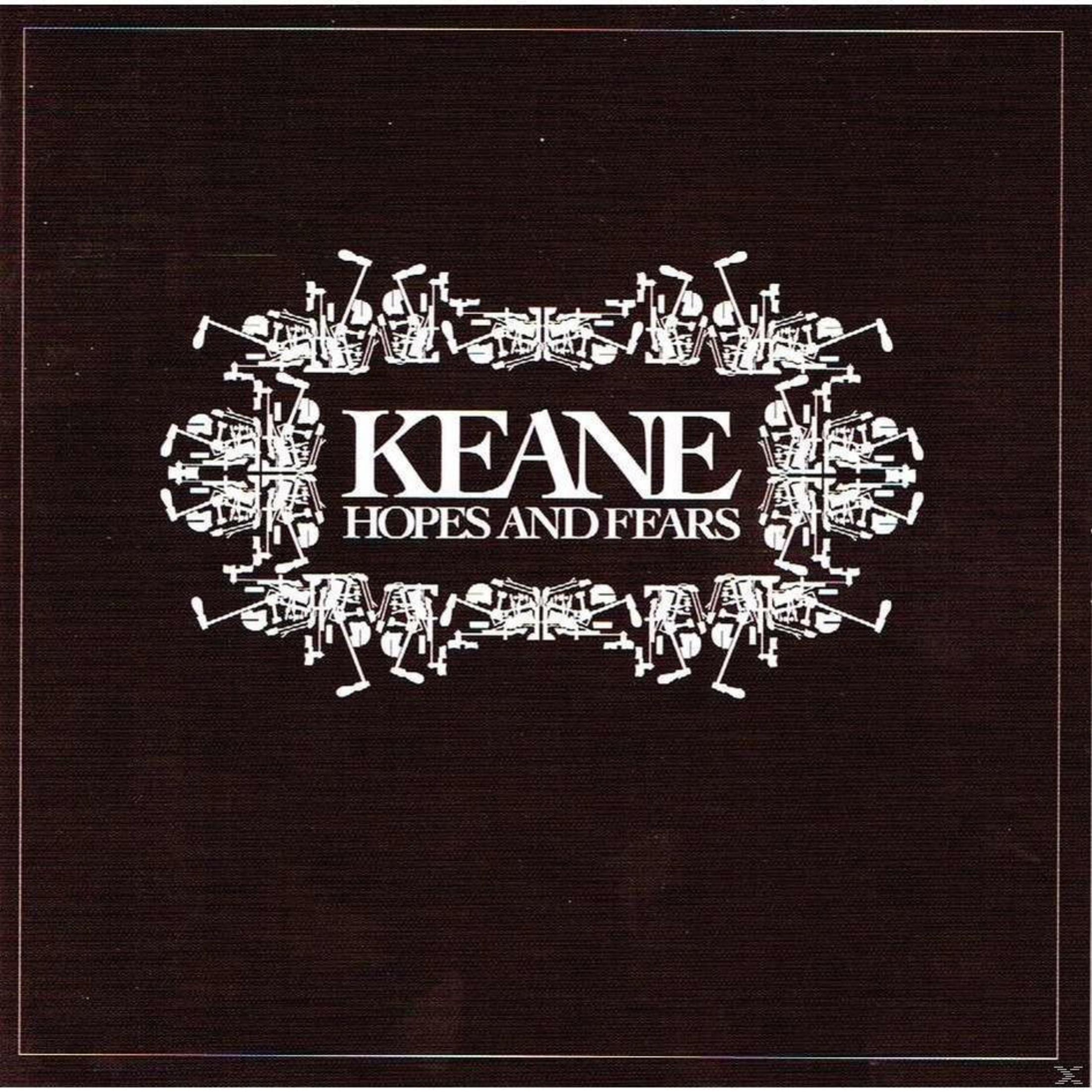 Copertina dell'album con il logo di Keane. Testo: KEANE, Hopes and Fears. Testo bianco su sfondo marrone.