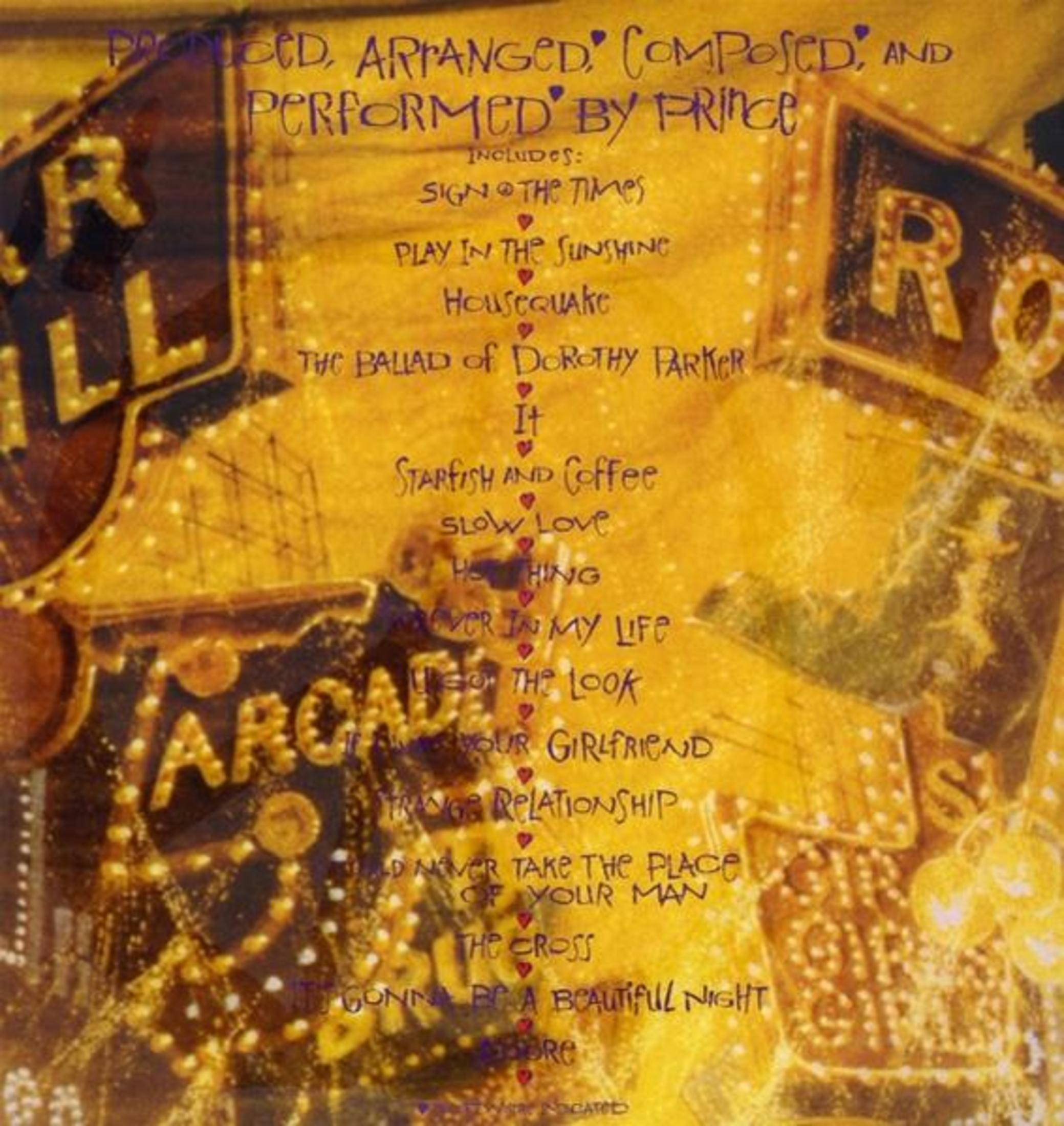Copertina dell'album di Prince con tracklist, testo dorato su sfondo scuro, include Sign O' The Times.