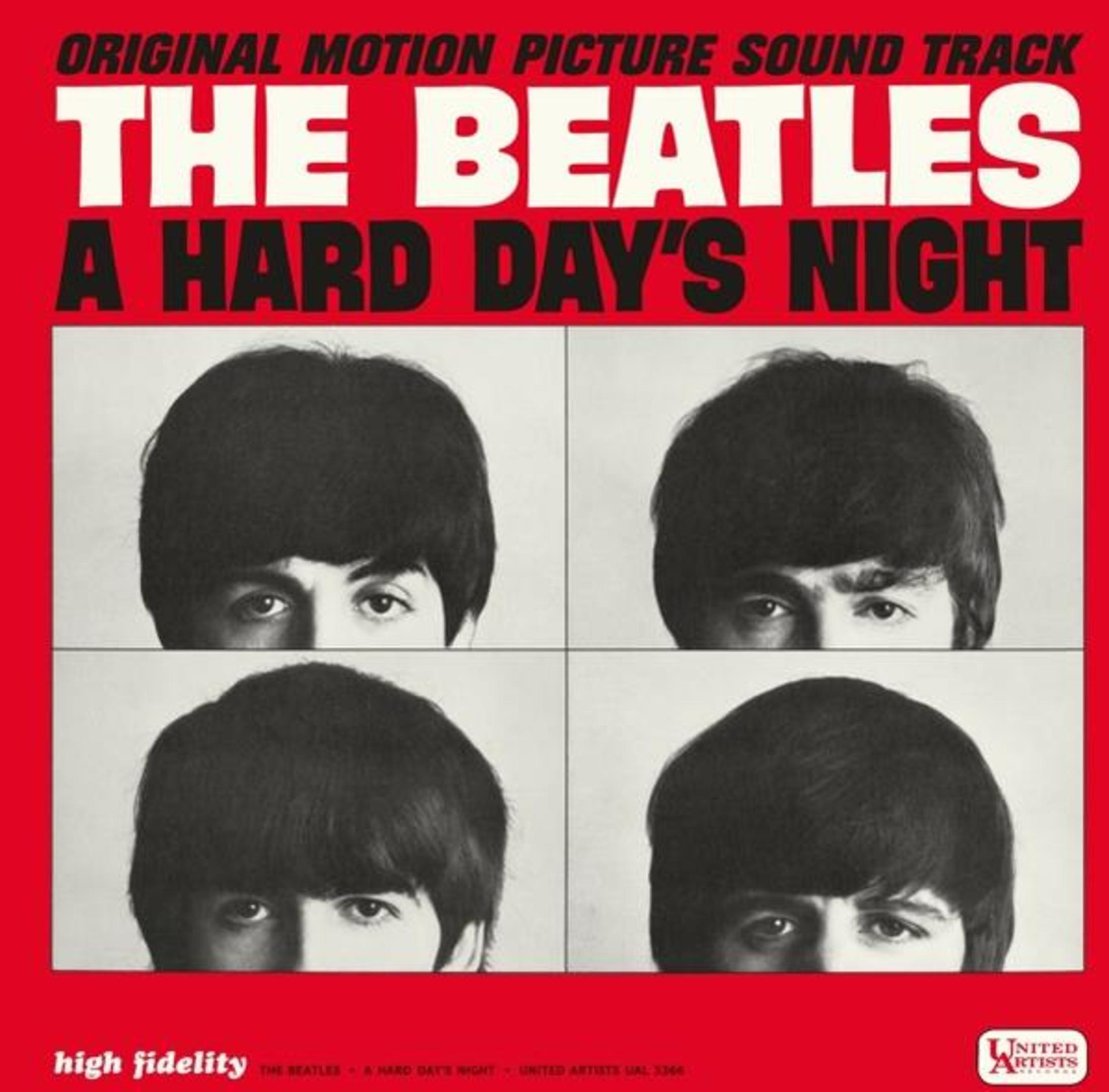 Copertina dell'album: The Beatles, quattro primi piani in bianco e nero. Titolo: A Hard Day's Night.