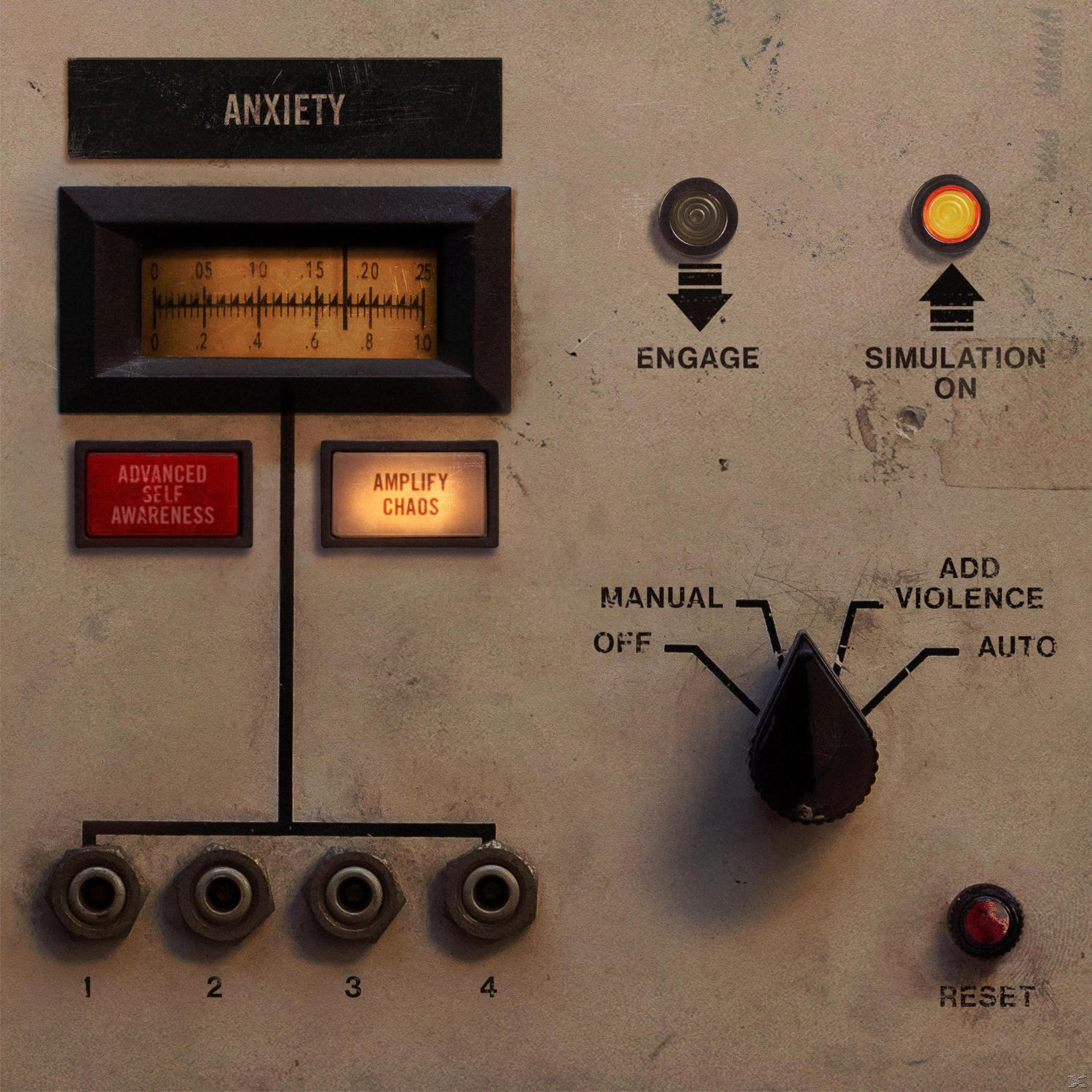 Grafica del pannello di controllo con testo: Ansia, pulsanti e un quadrante. Design scuro in stile industriale.