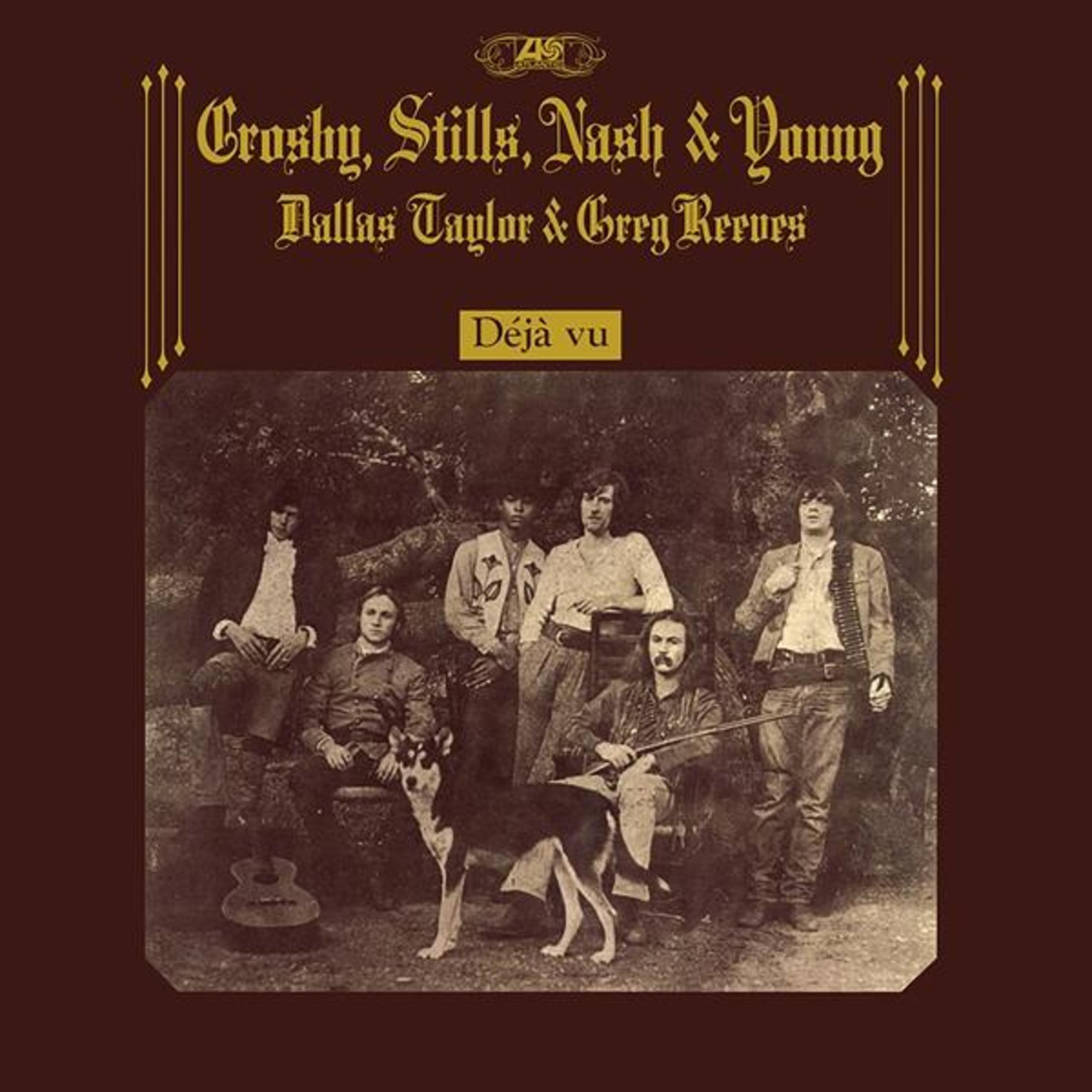 Copertina dell'album di Crosby, Stills, Nash & Young. Ritratto di gruppo di uomini, intitolato 'Déjà vu' su sfondo marrone.