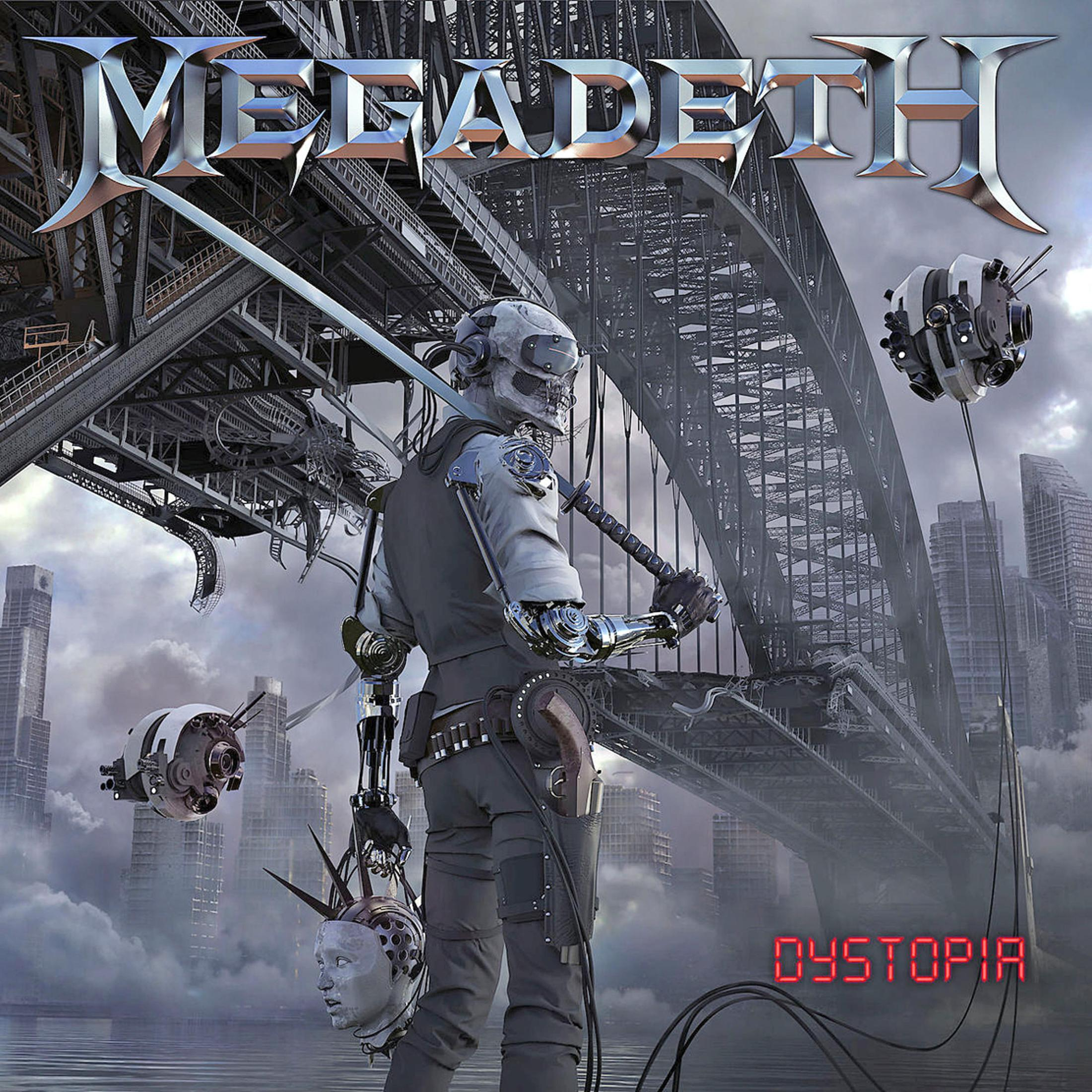 Copertina dell'album di fantascienza: cyborg con una spada, skyline e ponte.