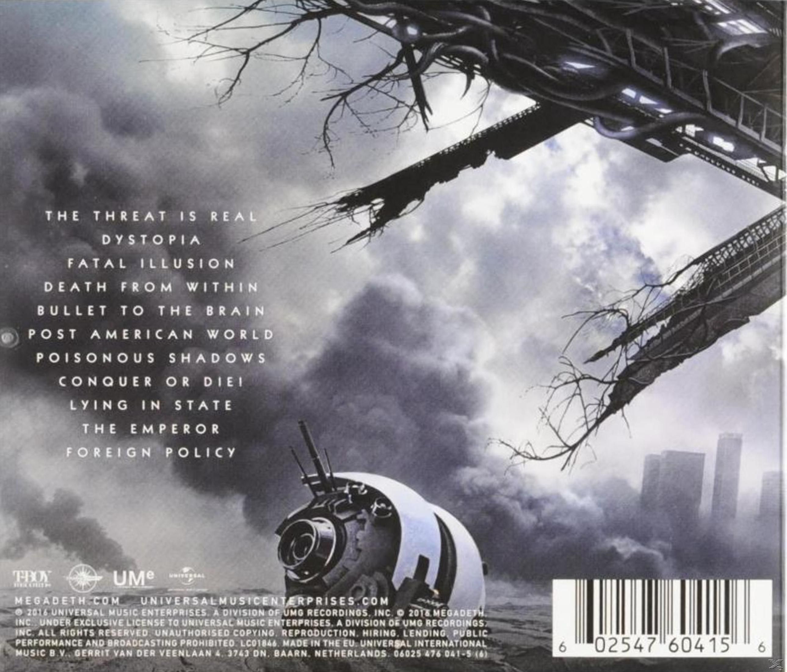 Retro copertina dell'album Dystopia. Include tracklist, logo della band e paesaggio futuristico.