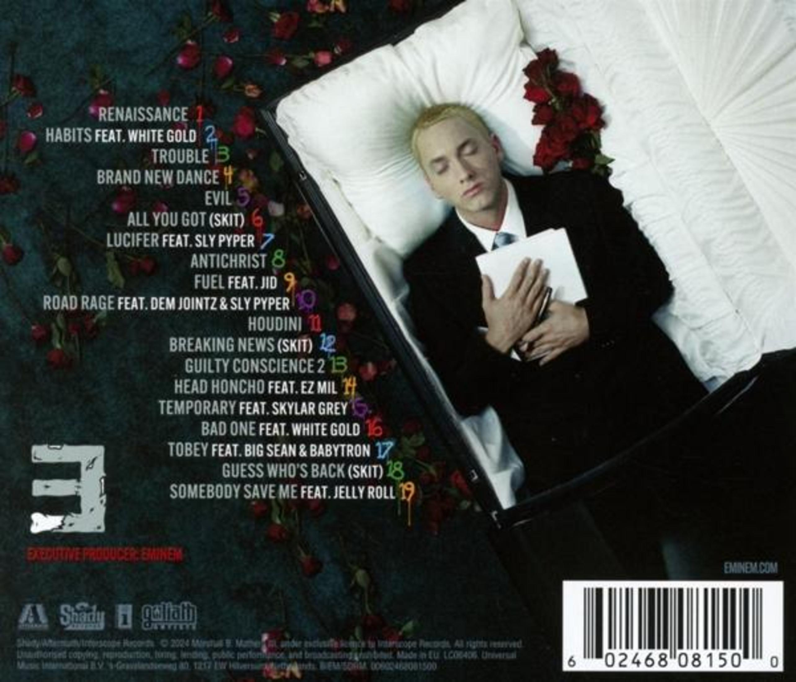 Copertina dell'album: Eminem che giace in una bara. Il nome dell'album è elencato insieme alle canzoni.