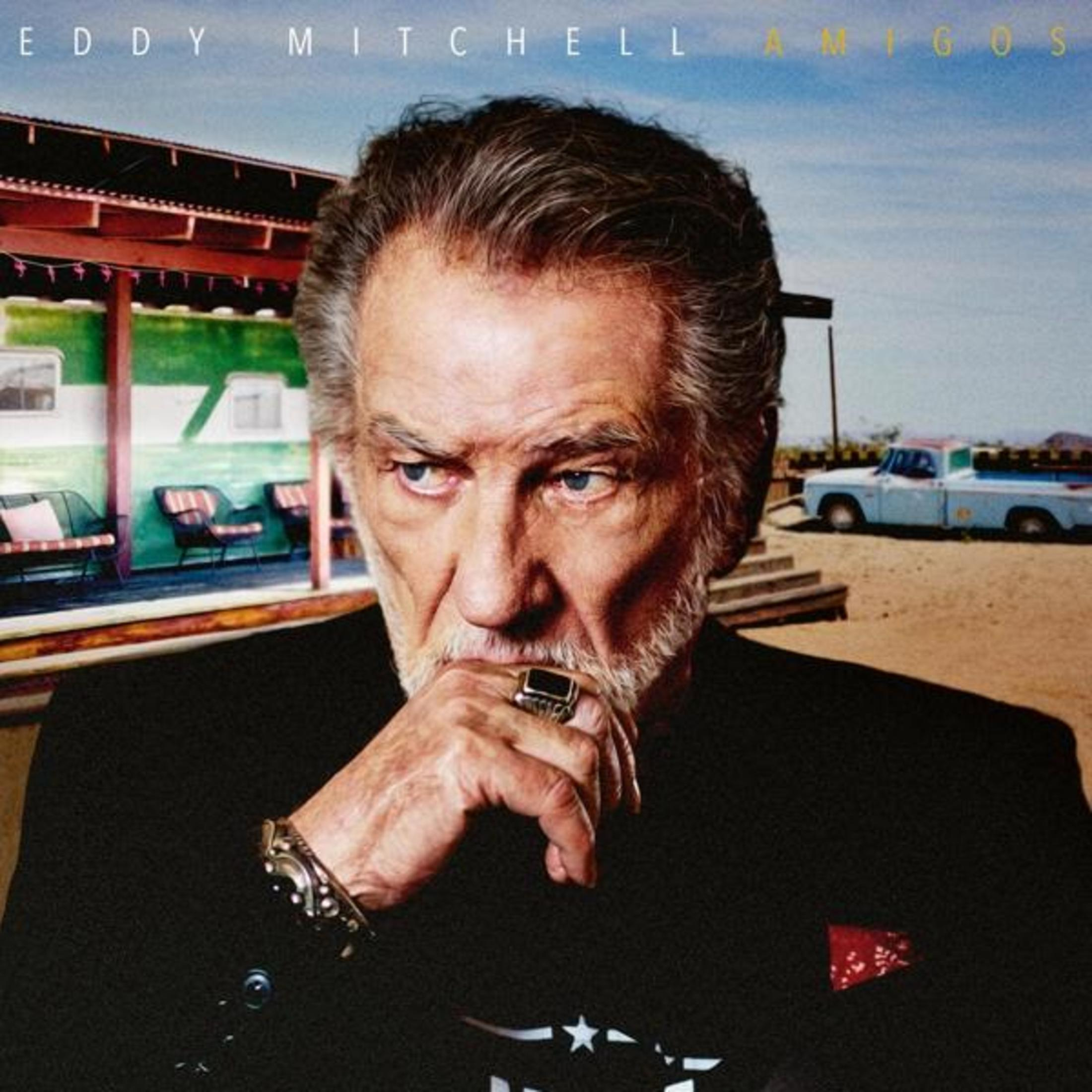 Eddy Mitchell guarda lo spettatore, tenendosi il mento. Il titolo dell'album è in alto.