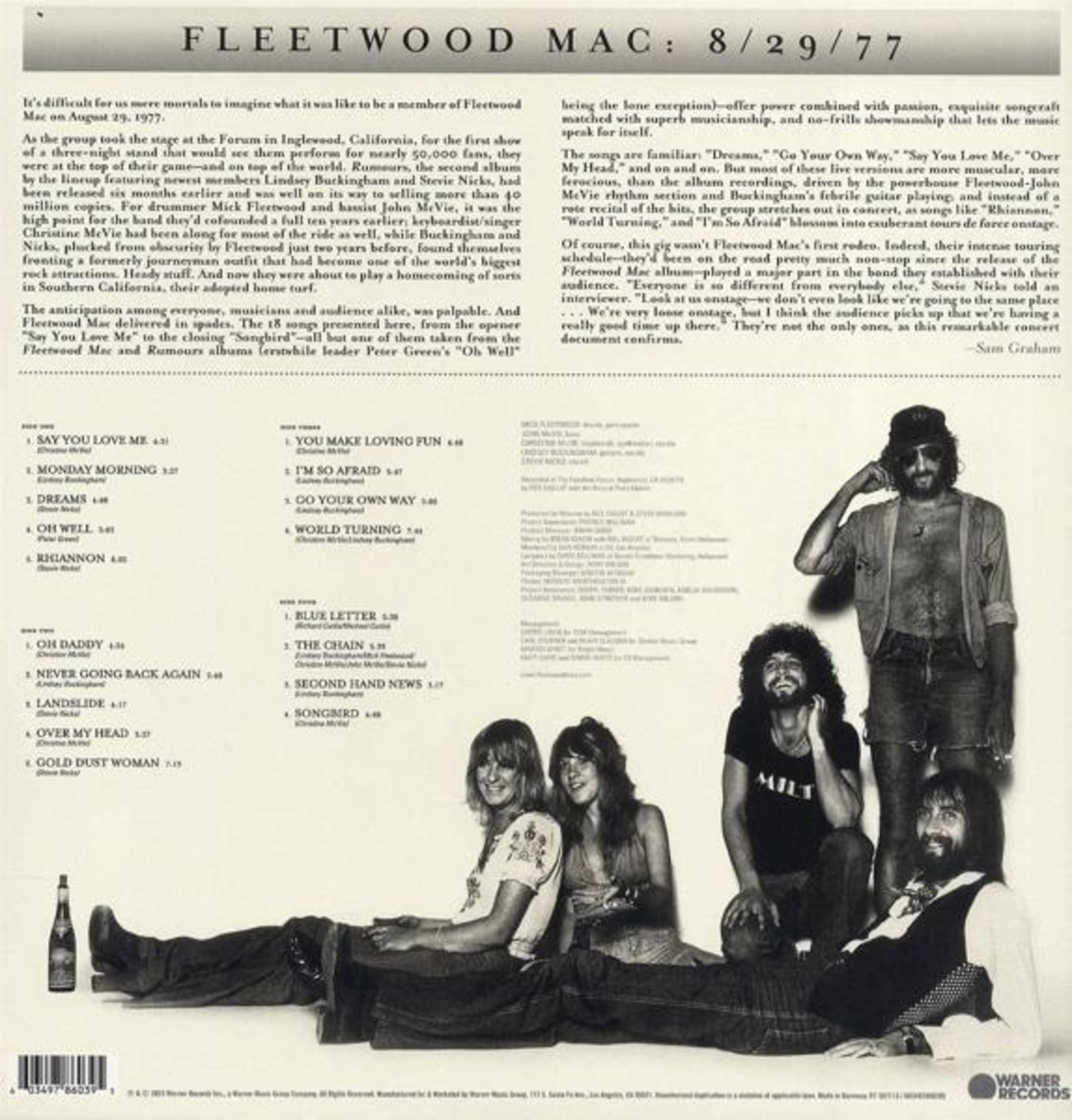 Copertina dell'album Fleetwood Mac, con membri della band, elenco canzoni e testo su sfondo bianco.