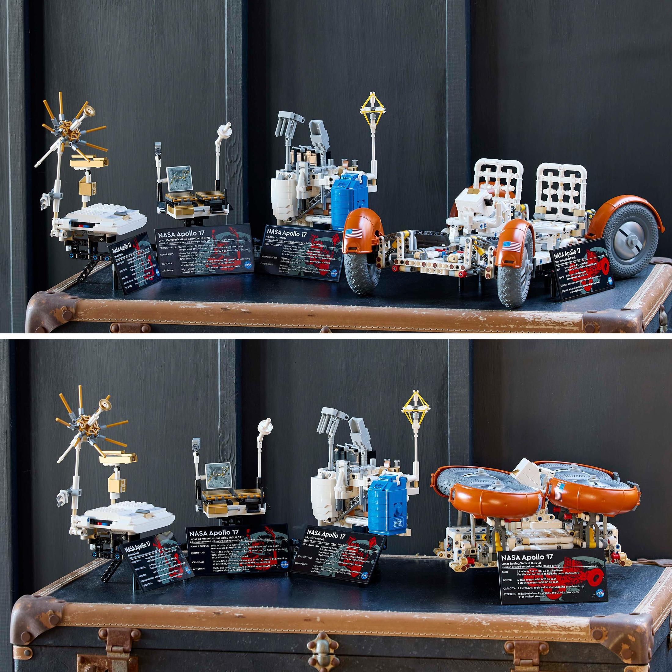 Modelli Lego di veicoli NASA Apollo 17. Su una valigia di pelle. Sfondo nero, con schede informative.