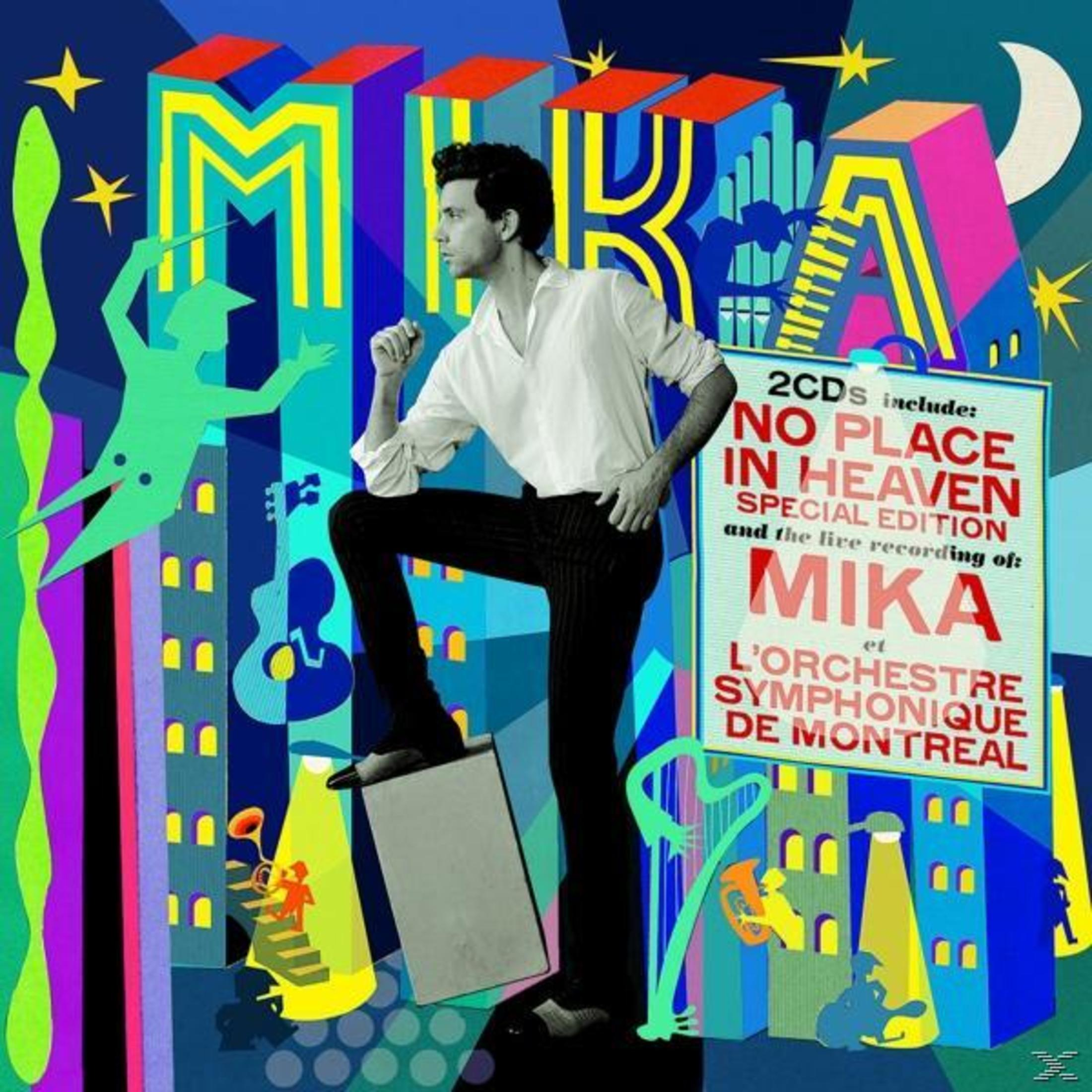 Copertina dell'album di Mika: Uomo in camicia bianca con una città colorata e un cartello con scritto 'NO PLACE IN HEAVEN'.
