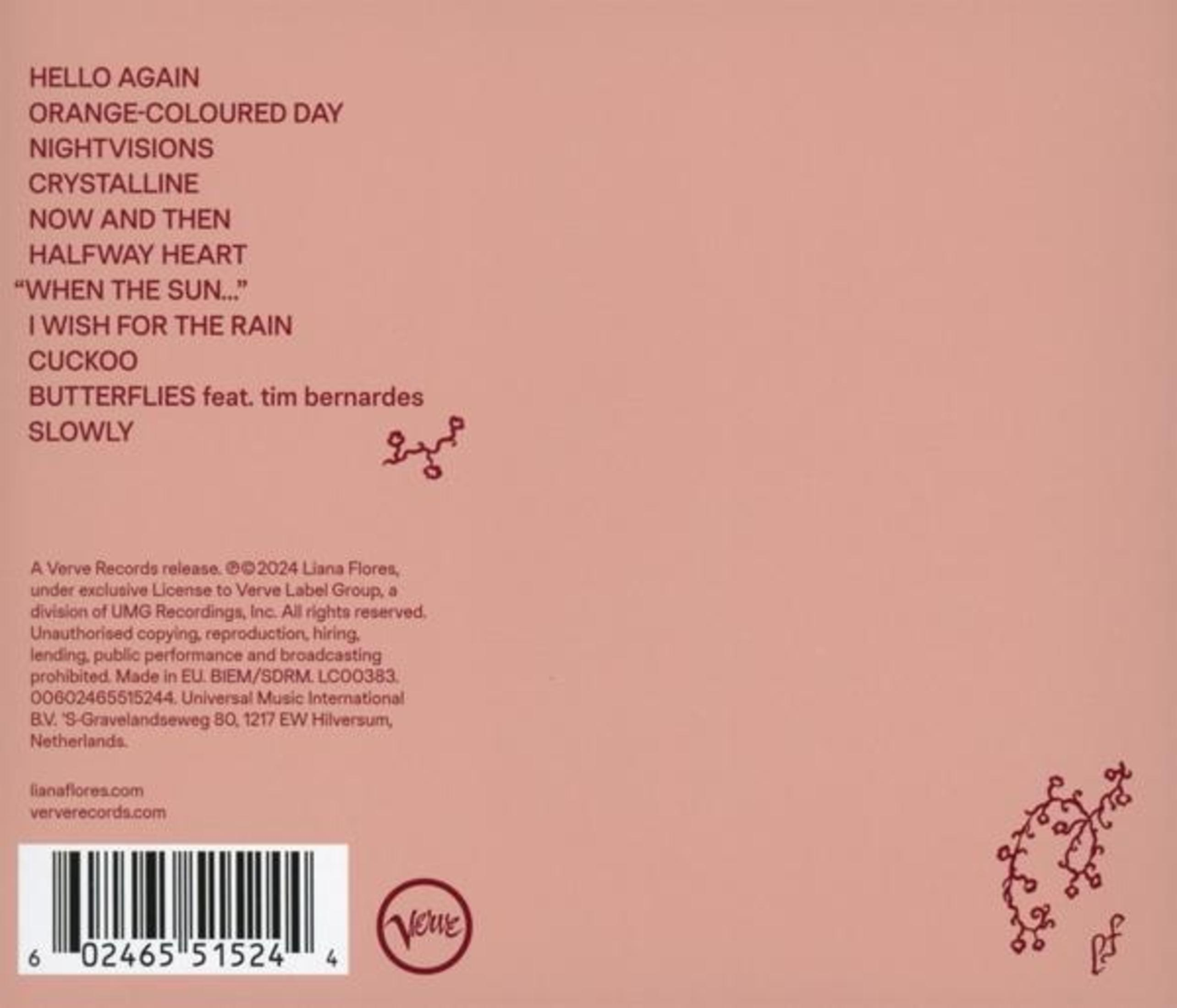 Portada del álbum: Títulos de canciones y créditos sobre un fondo color melocotón. El logotipo de Verve Records está presente.
