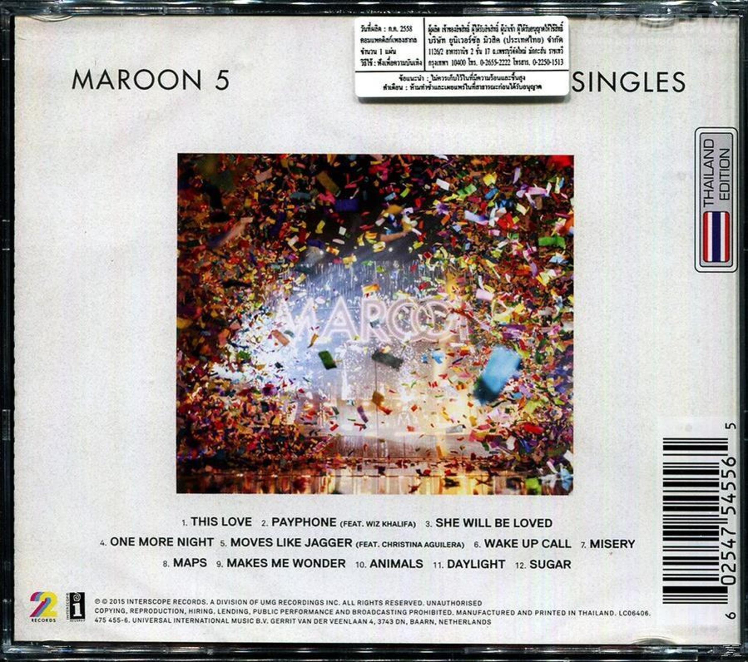 Copertina dell'album Singles dei Maroon 5. Uno spruzzo colorato di coriandoli con le tracce dell'album in basso.