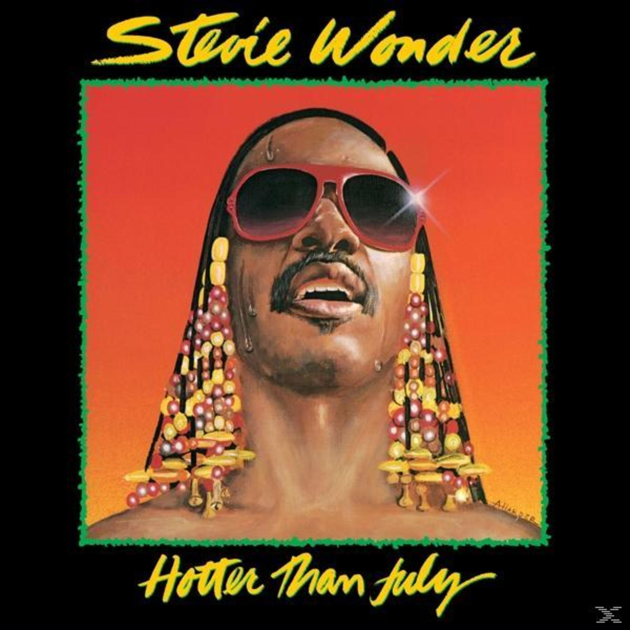 Stevie Wonder con occhiali da sole, sfondo rosso e titolo dell'album. Ritratto con accenti rossi, verdi e gialli.