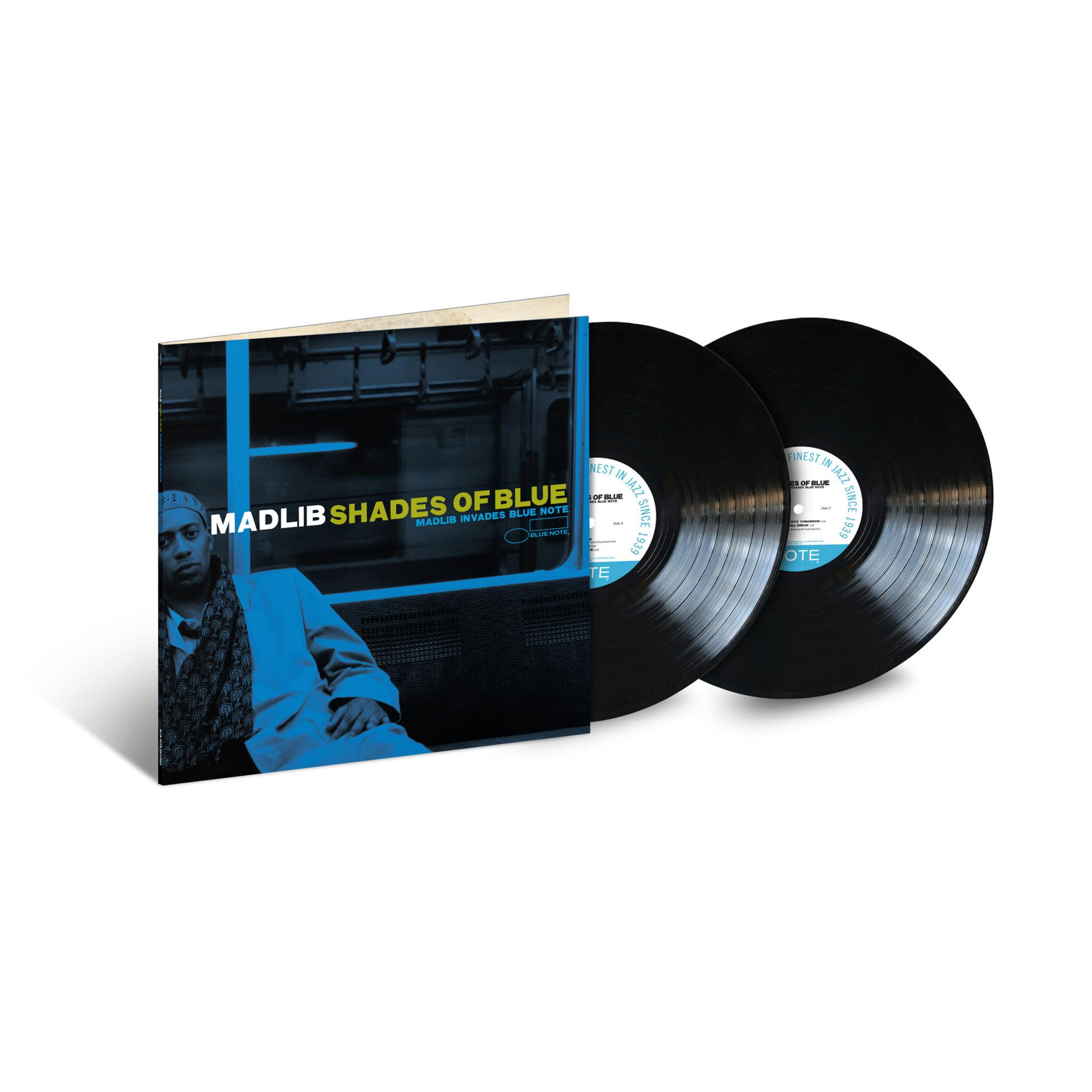 Copertina dell'album con Madlib e due dischi neri. Testo: Madlib, Shades of Blue, Blue Note.