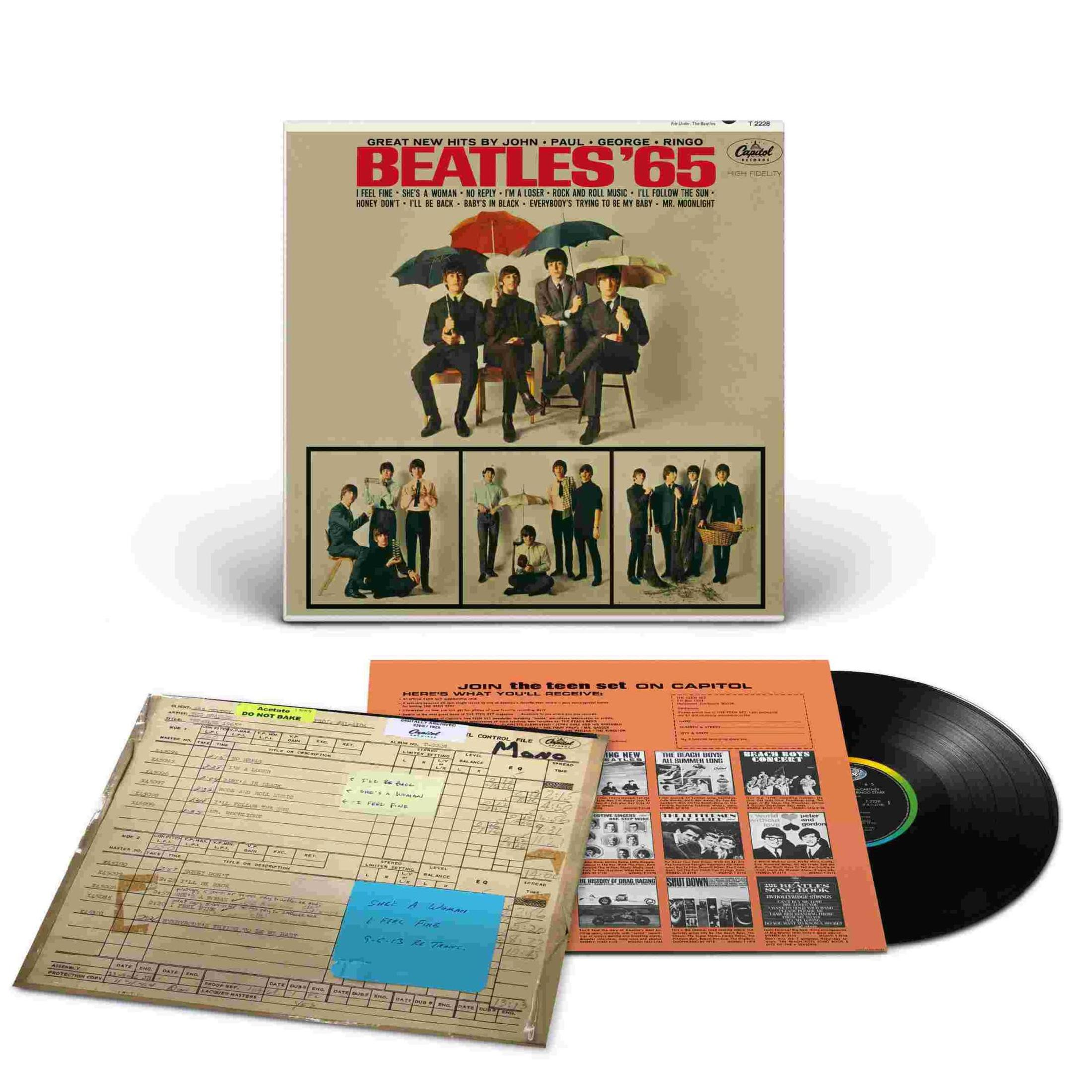 Copertina dell'album: I Beatles con ombrelli. Testo: The Beatles, Beatles '65.
