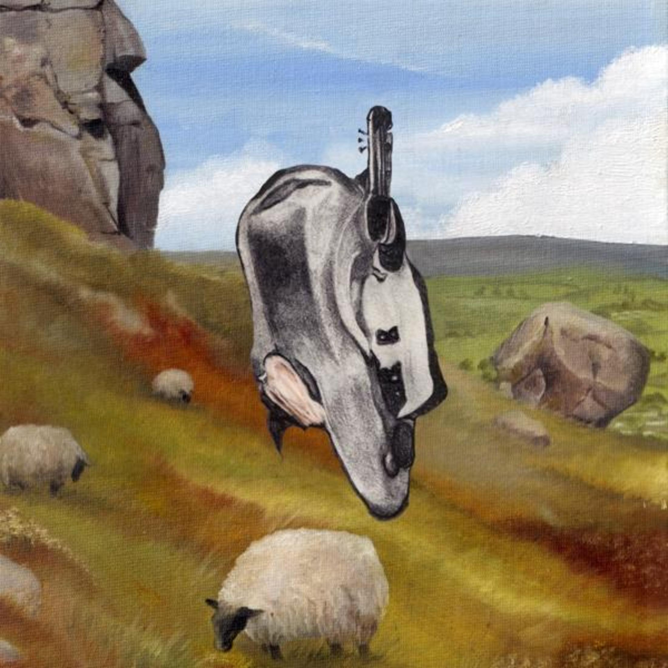 Opera d'arte: immagine surreale di una chitarra a forma di testa in un campo con pecore.