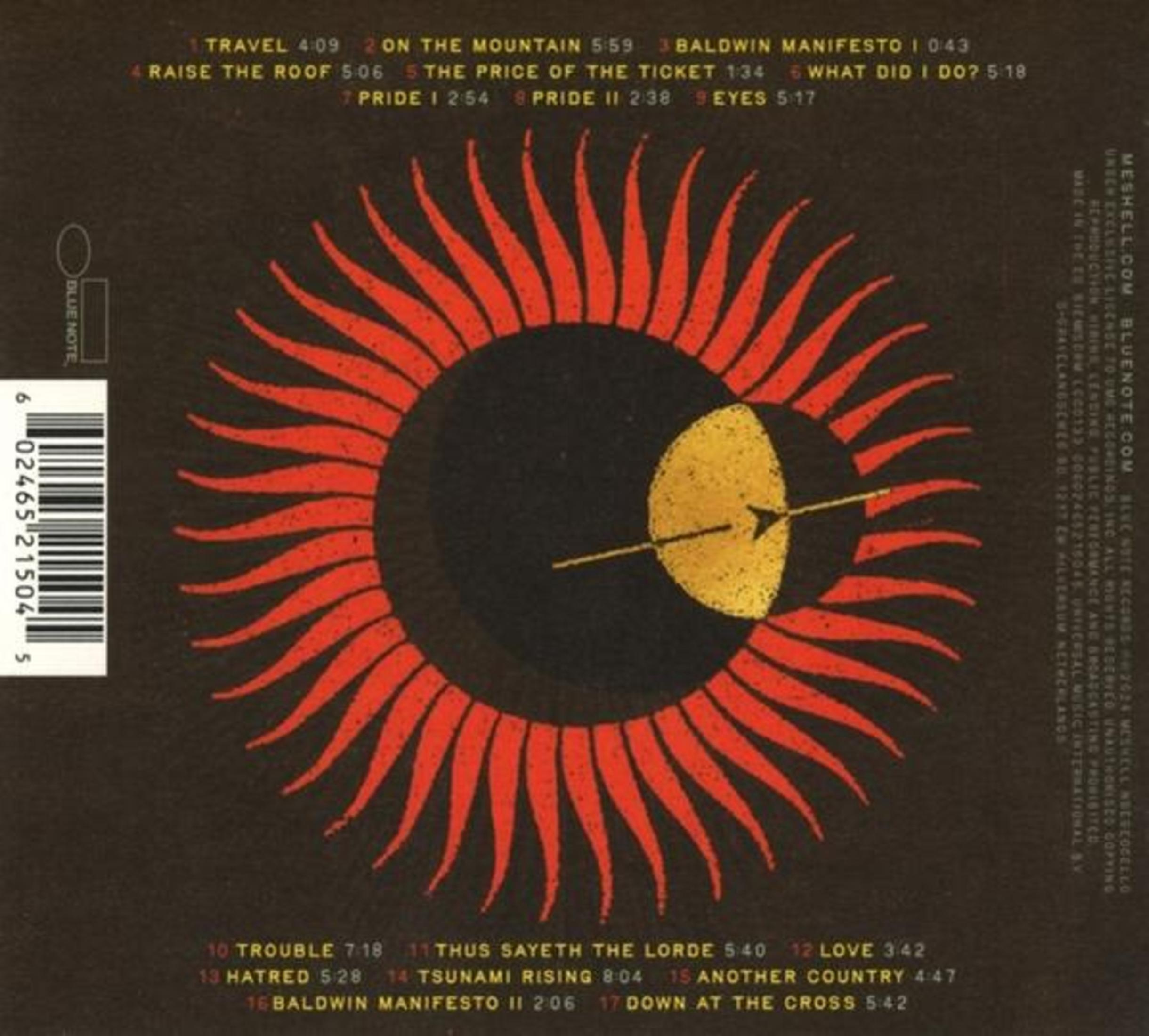 Contraportada de un álbum, con un diseño rojo y dorado que se asemeja a un sol, y títulos de canciones enumerados a continuación.