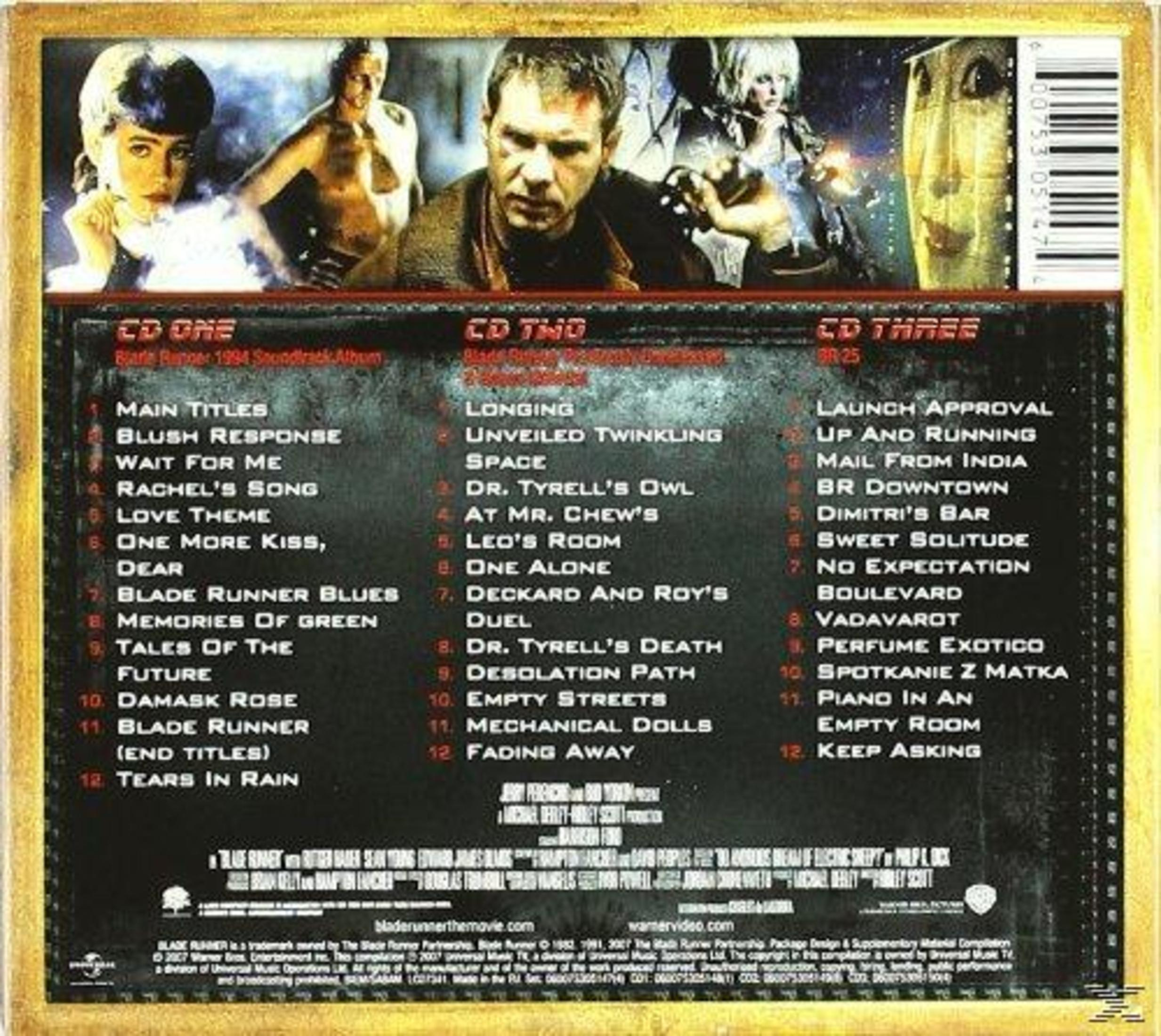 Retro copertina del CD con tracklist della colonna sonora di Blade Runner, immagini del film e degli attori.