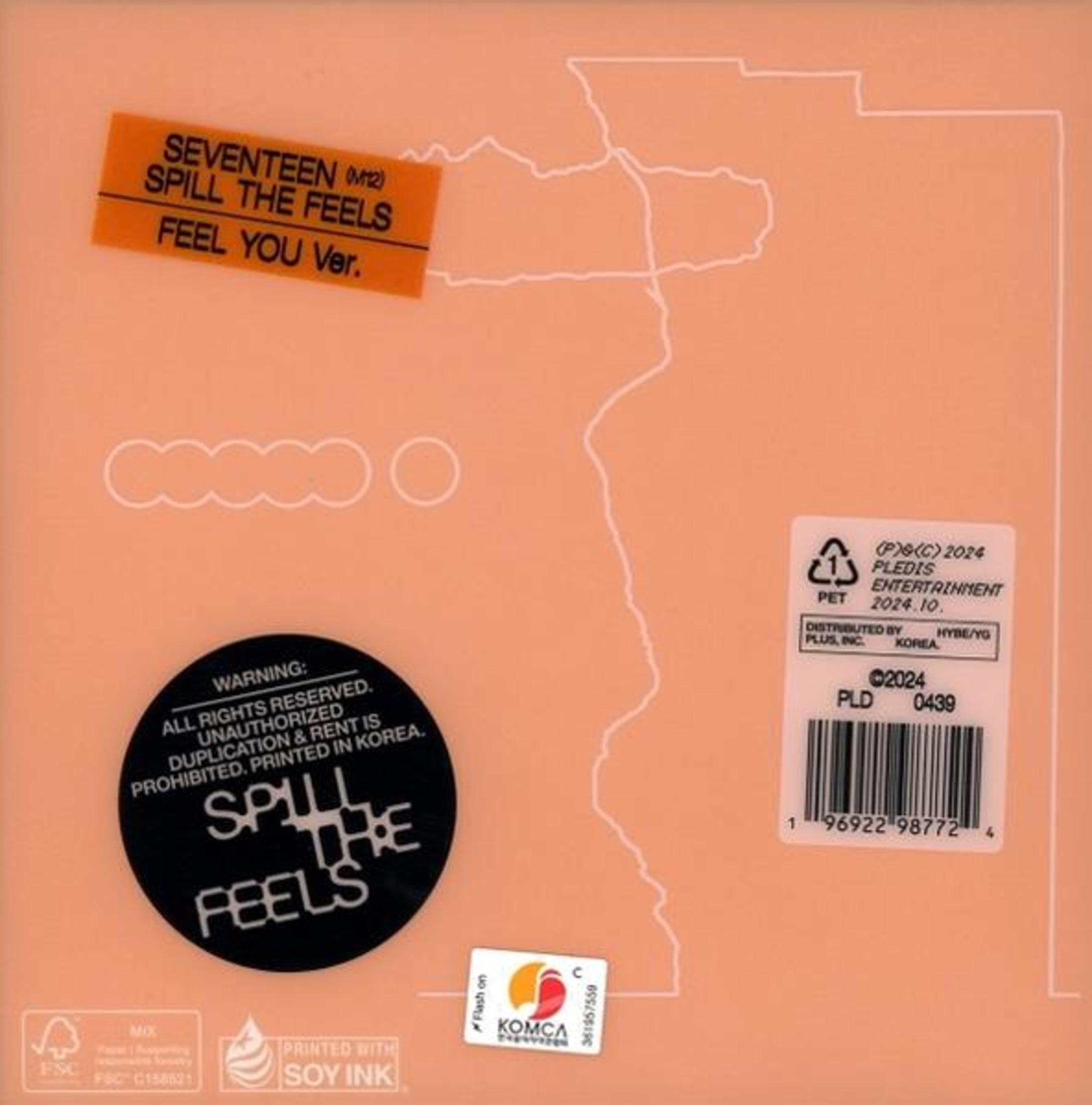 Album cover with orange background. Text and stickers with the words 'Spill the Feels' and 'Feel You Ver'.