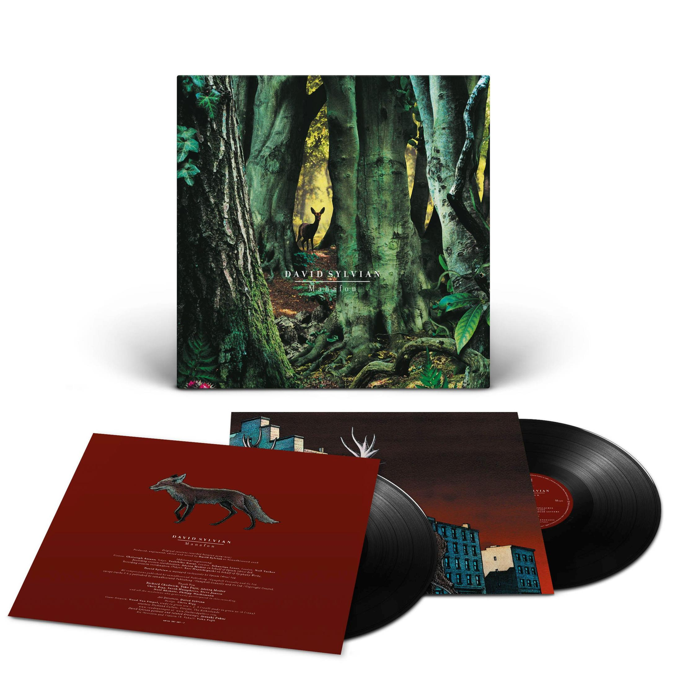 Portada del álbum: Una escena de bosque con un ciervo y un zorro, los discos de vinilo también están en la portada.