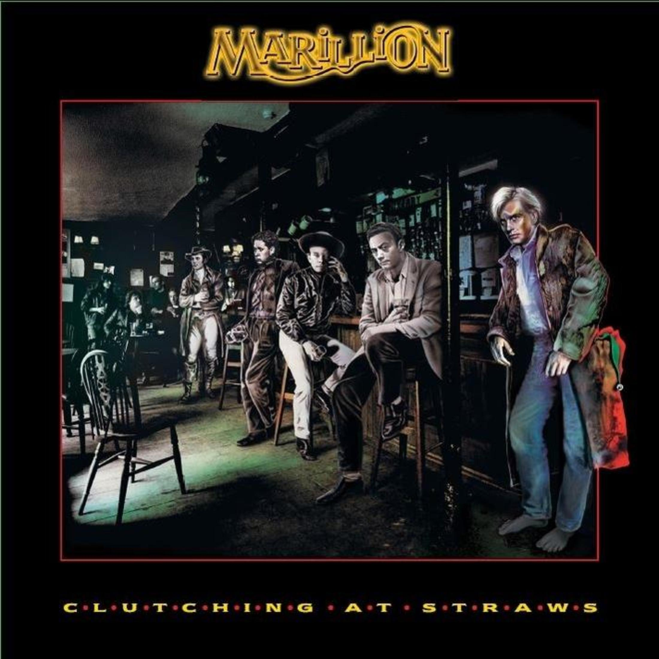Copertina dell'album di Marillion. Scena di bar scuro, gruppo di uomini e una figura con un cappotto lungo. Bordo rosso.