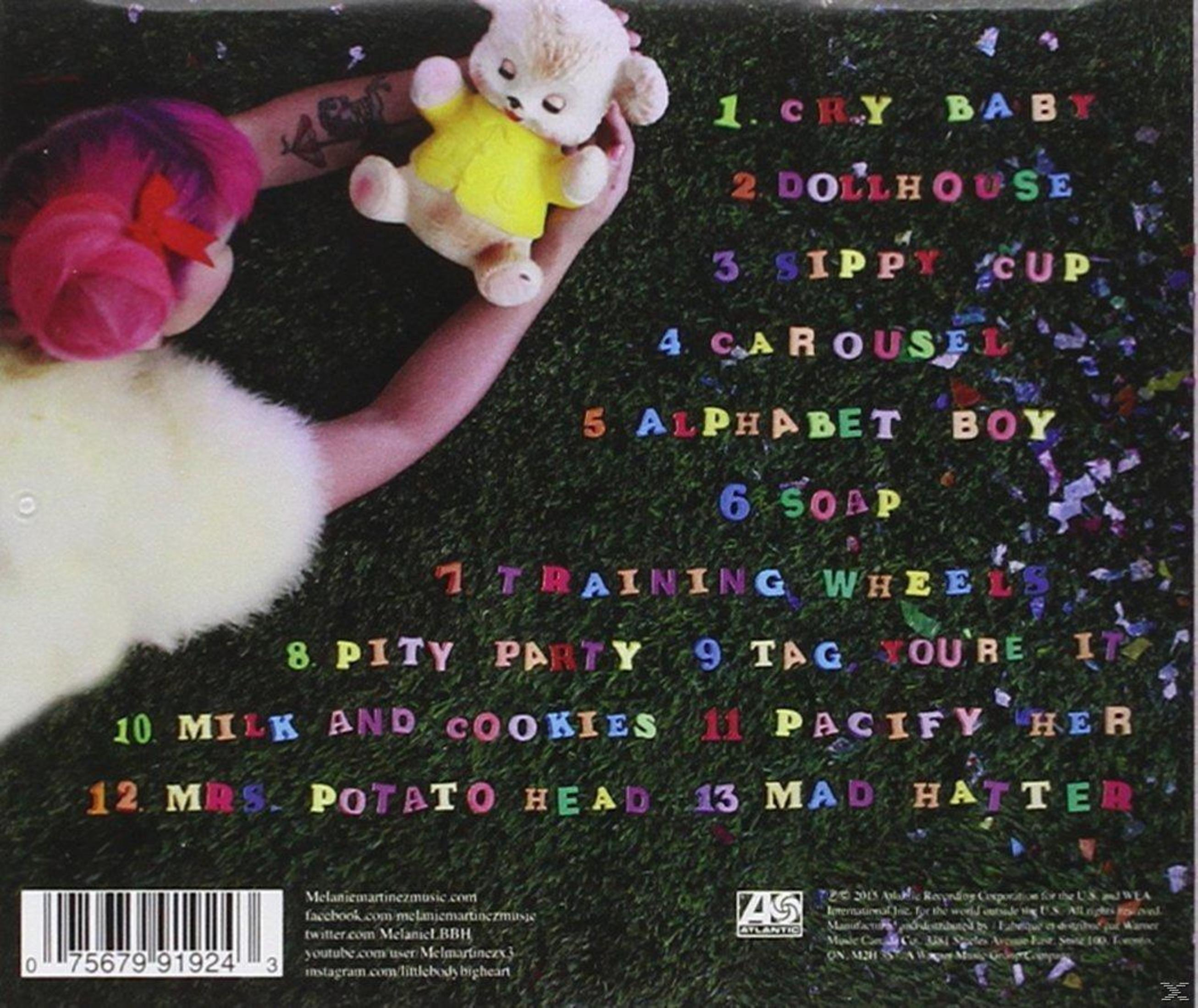 Retro dell'album di Melanie Martinez. Testo con i titoli delle canzoni. Sfondo verde con coriandoli e un giocattolo.