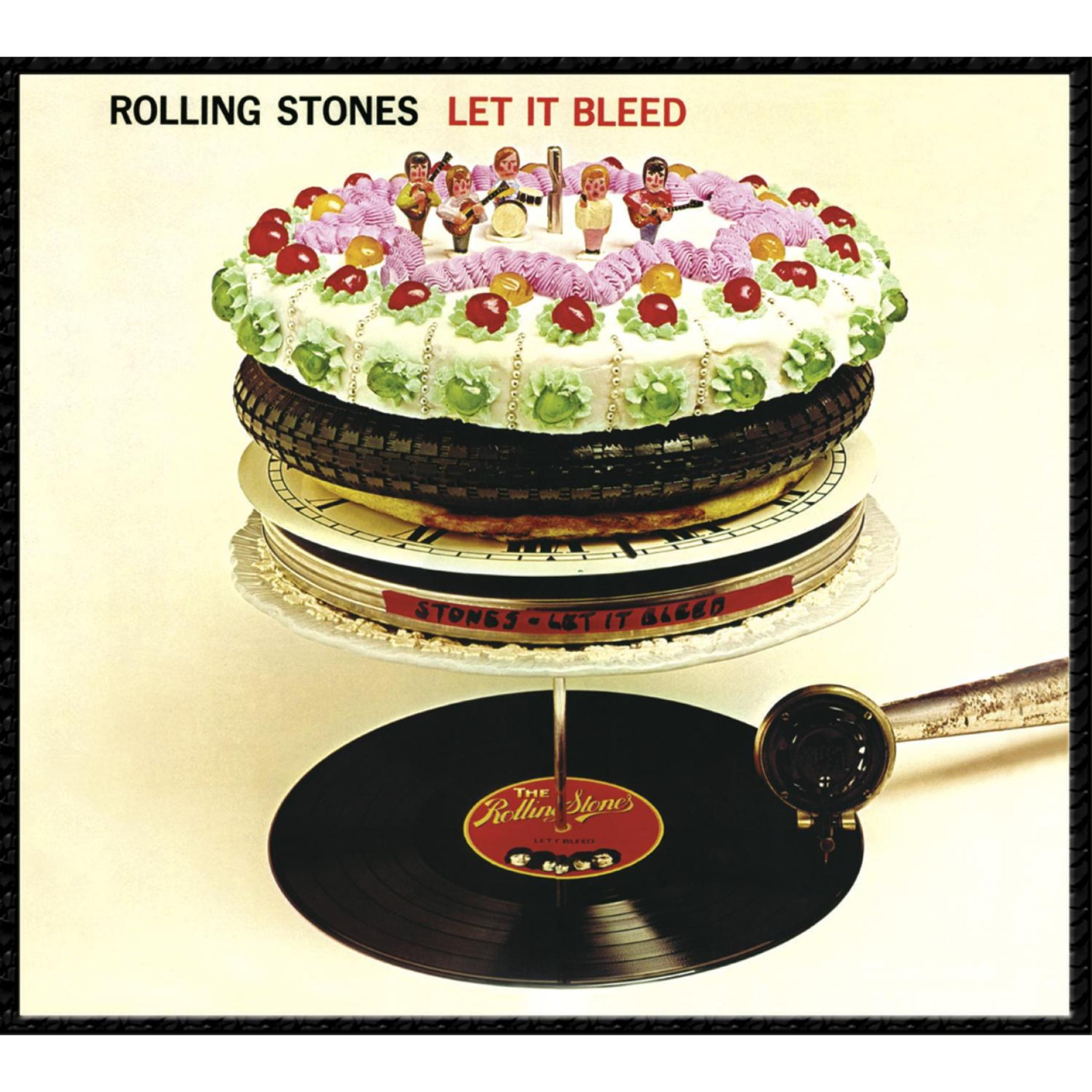 Copertina dell'album dei Rolling Stones. Torta con statuine, pneumatico, disco. Fonografo a destra. Testo: Let It Bleed.