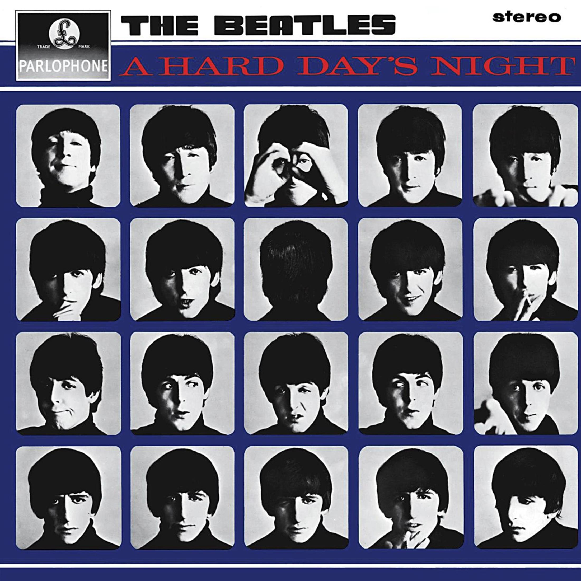 La copertina dell'album dei Beatles, una griglia di foto dei volti dei membri della band.