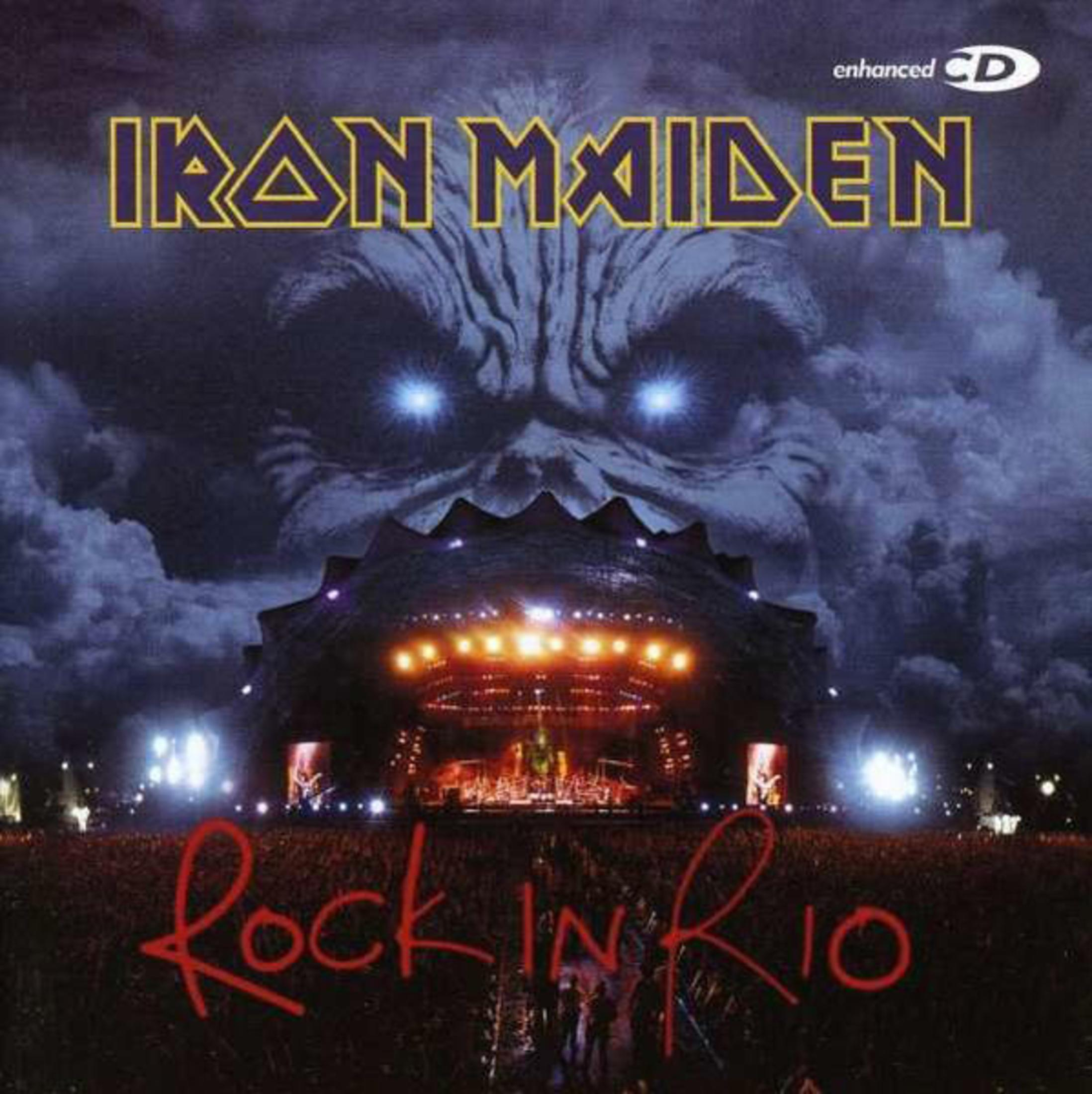 Copertina dell'album 'Rock in Rio' degli Iron Maiden con scena di concerto e una grande faccia di Eddie.