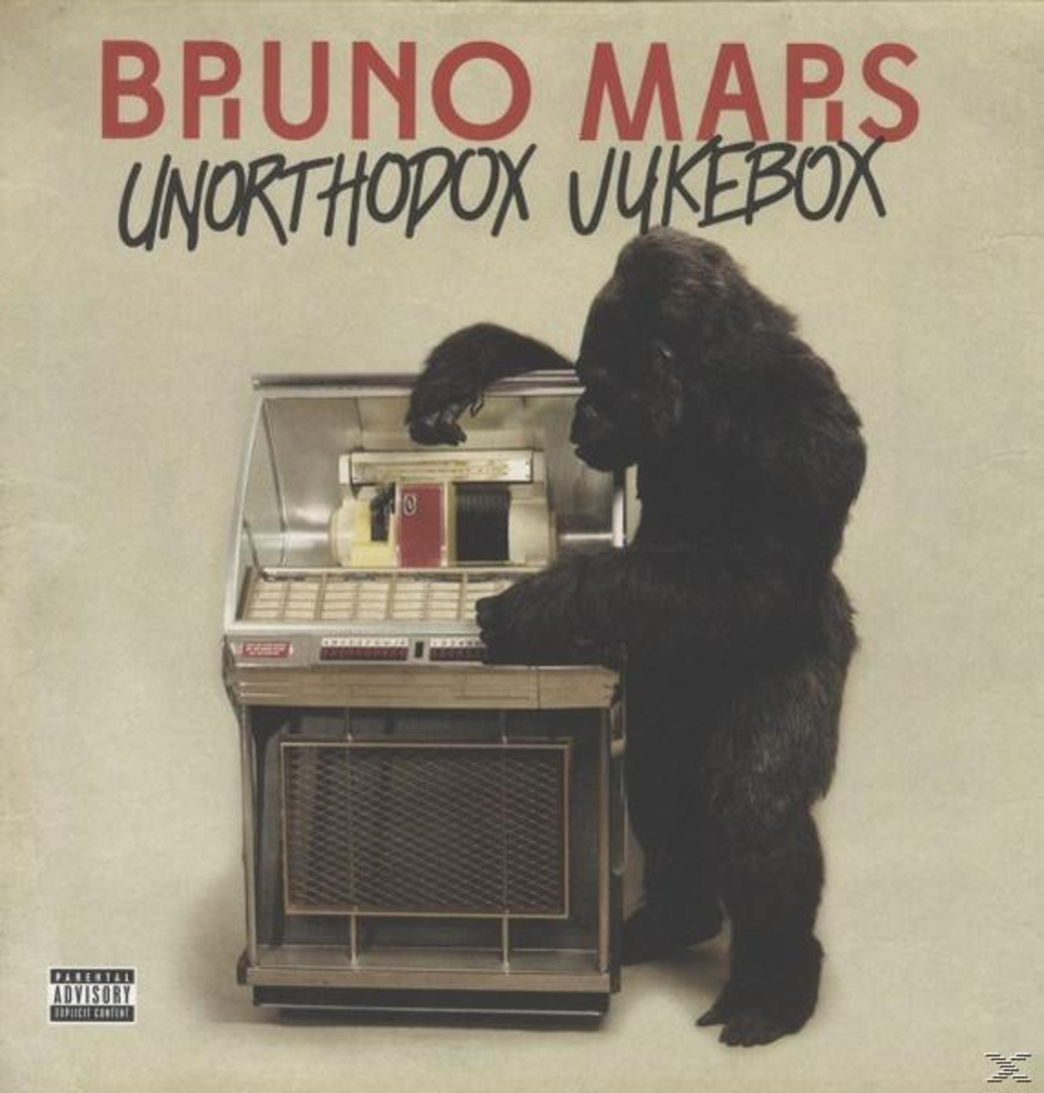 Copertina dell'album di Bruno Mars, una scimmia tocca un jukebox. Il titolo dell'album è sopra e l'avviso per i genitori è sotto.