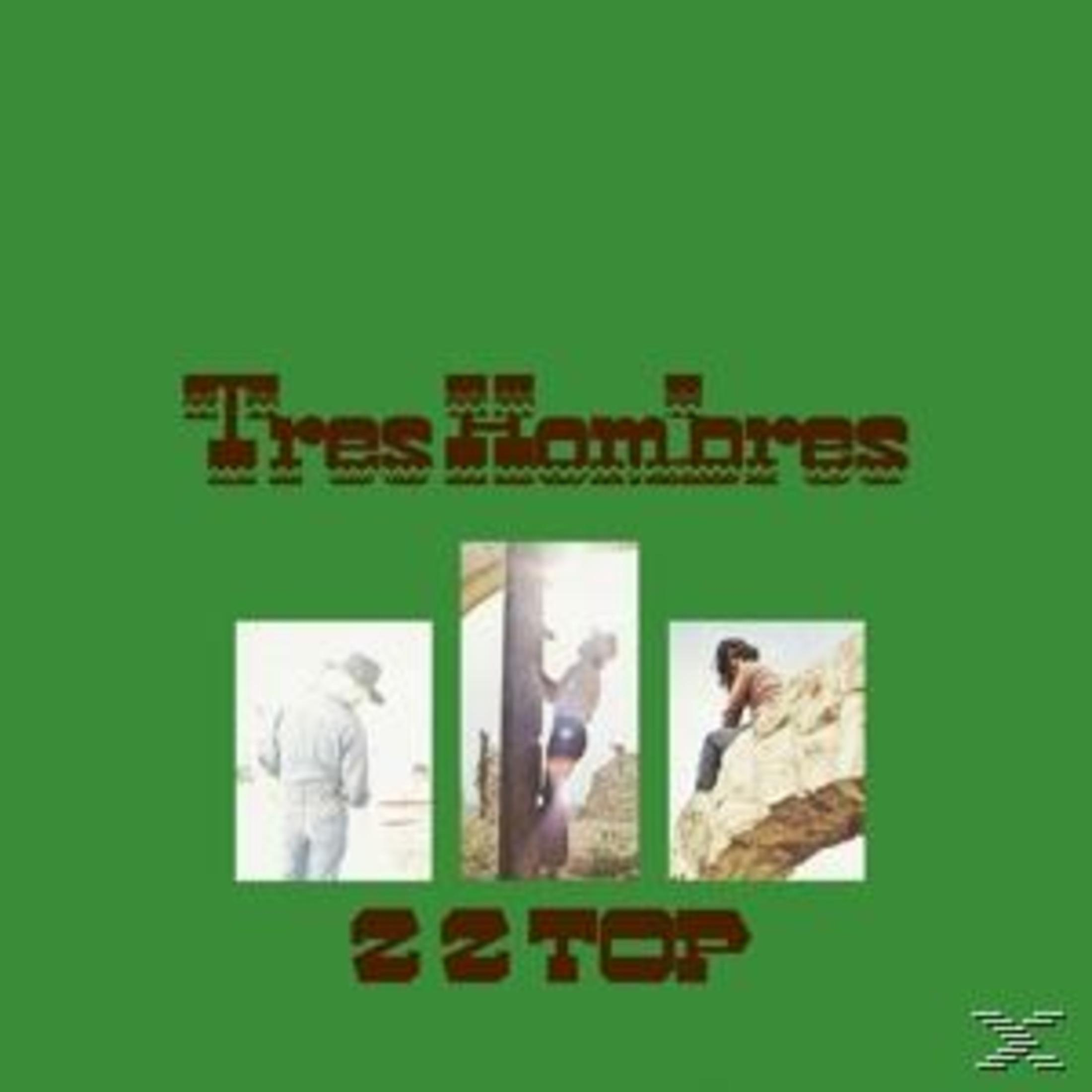 Copertina dell'album ZZ Top su sfondo verde con tre immagini di uomini. Testo: Tres Hombres.