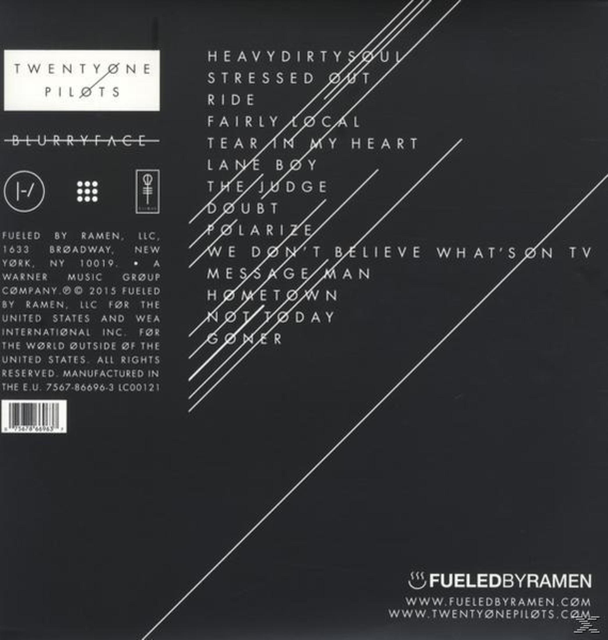 Retro copertina dell'album: Testi e crediti di 'Blurryface' dei Twenty One Pilots, testo bianco su nero.