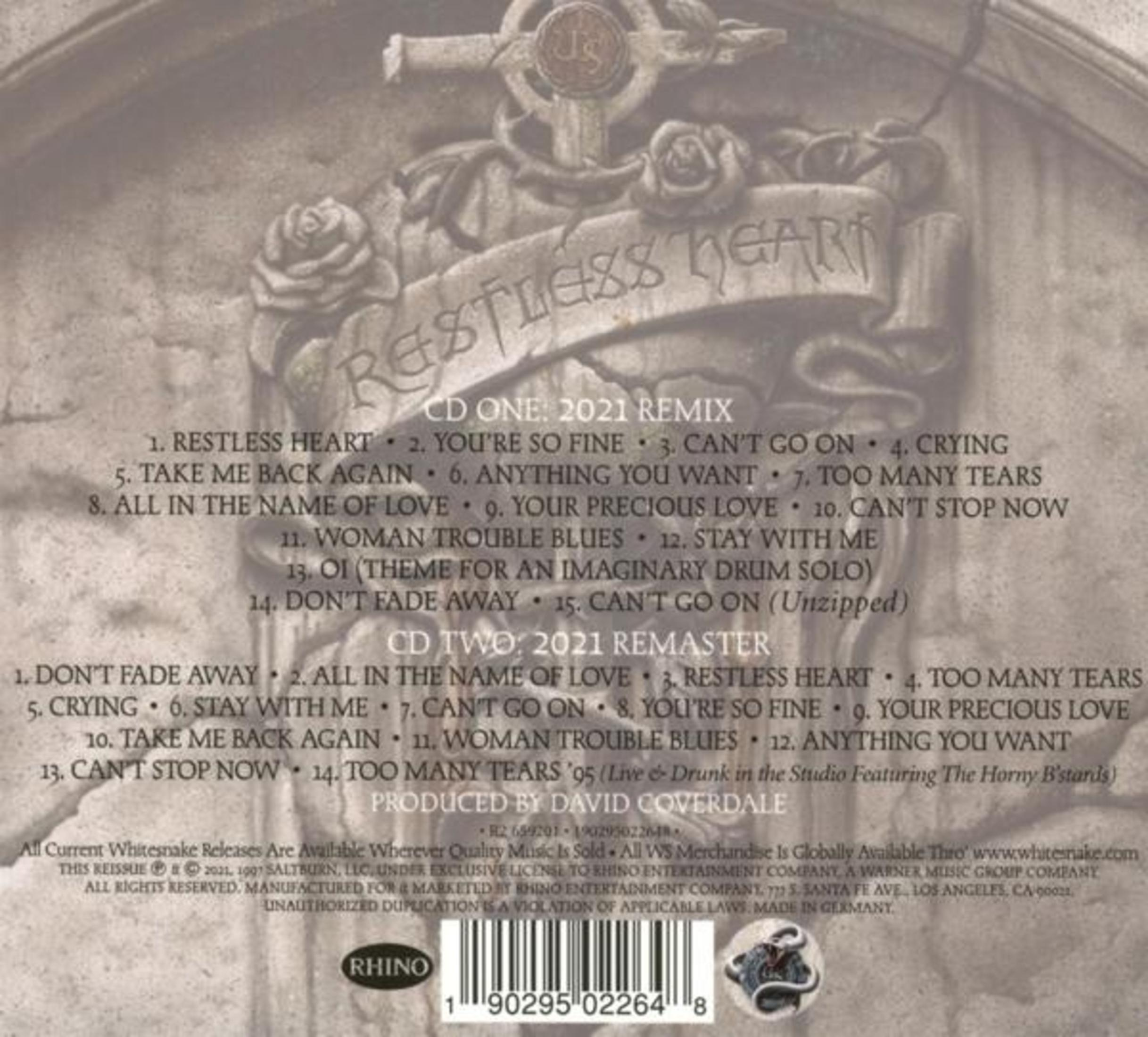 Copertina dell'album con testo e un design simile a una lapide. Elenca i nomi delle tracce, CD1 e CD2.