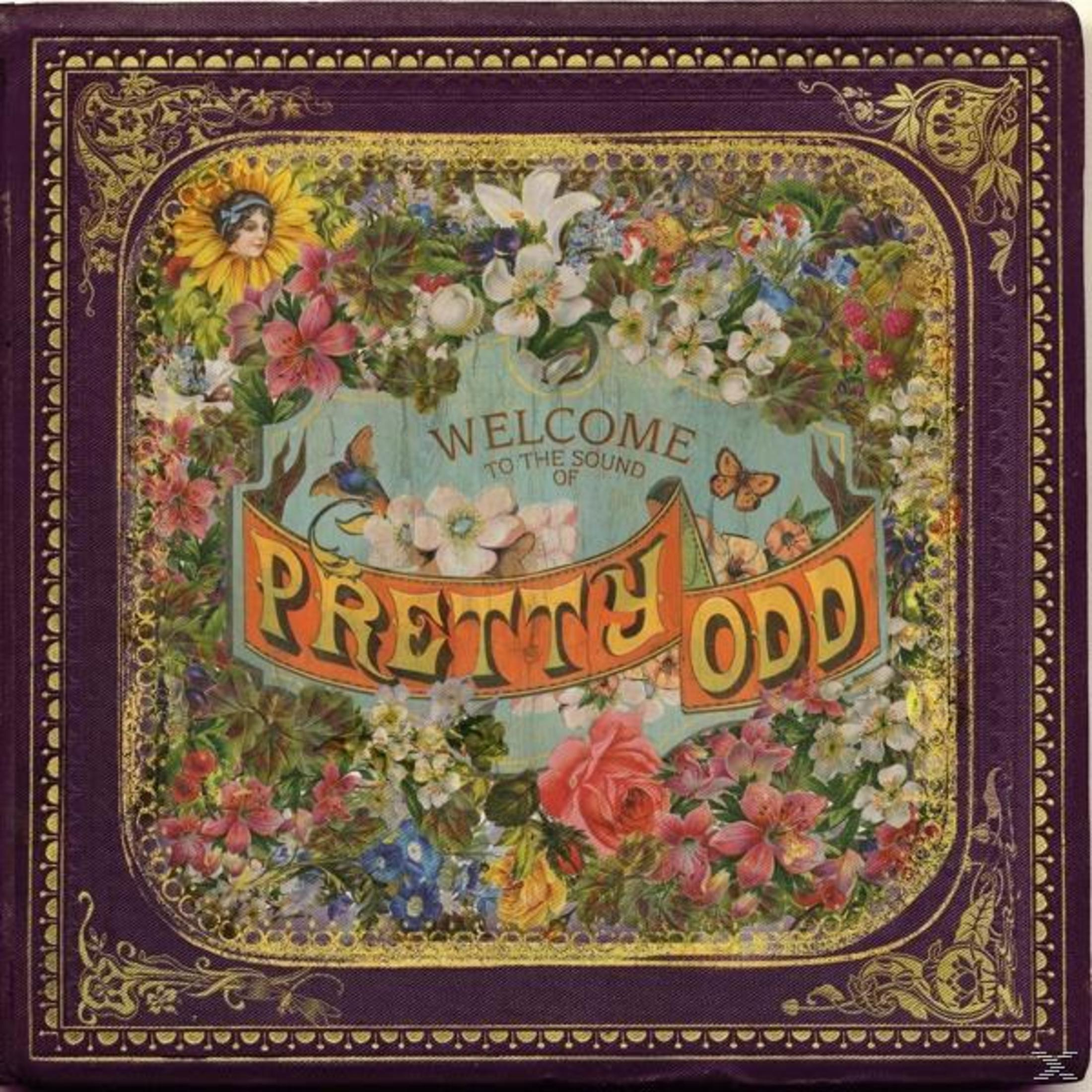 Una copertina di un album con fiori, farfalle e le parole "Pretty Odd". C'è un bordo viola.