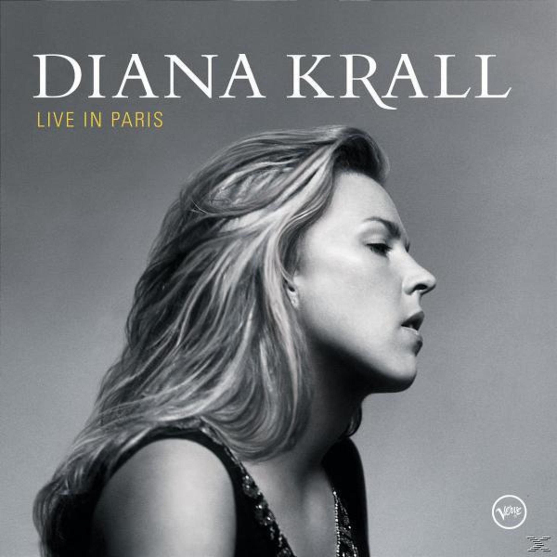 Copertina dell'album di Diana Krall. Donna di profilo, in bianco e nero, con il testo 'Live in Paris'.