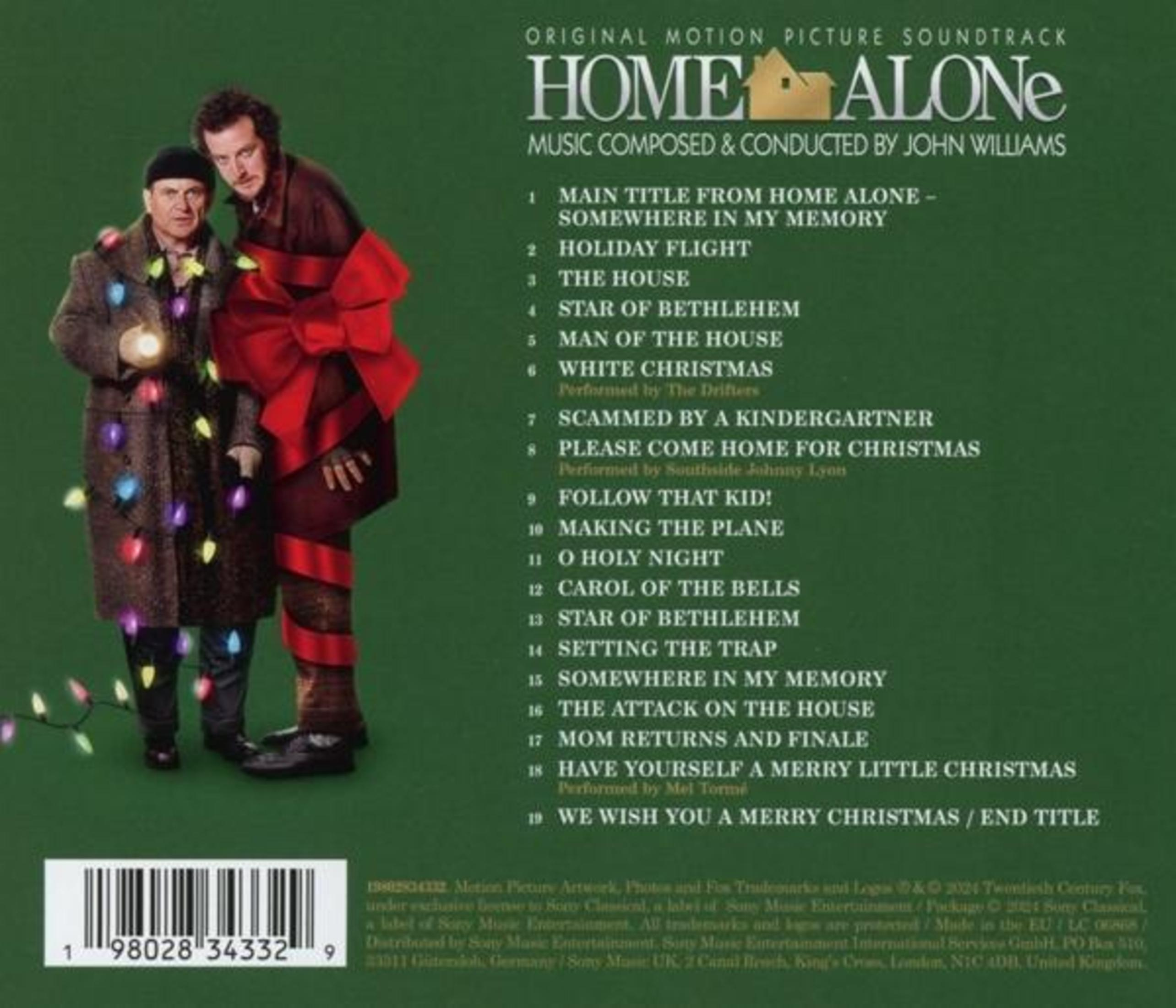 Copertina della colonna sonora di Home Alone. Due uomini con un fiocco rosso. Elenco tracce in basso.