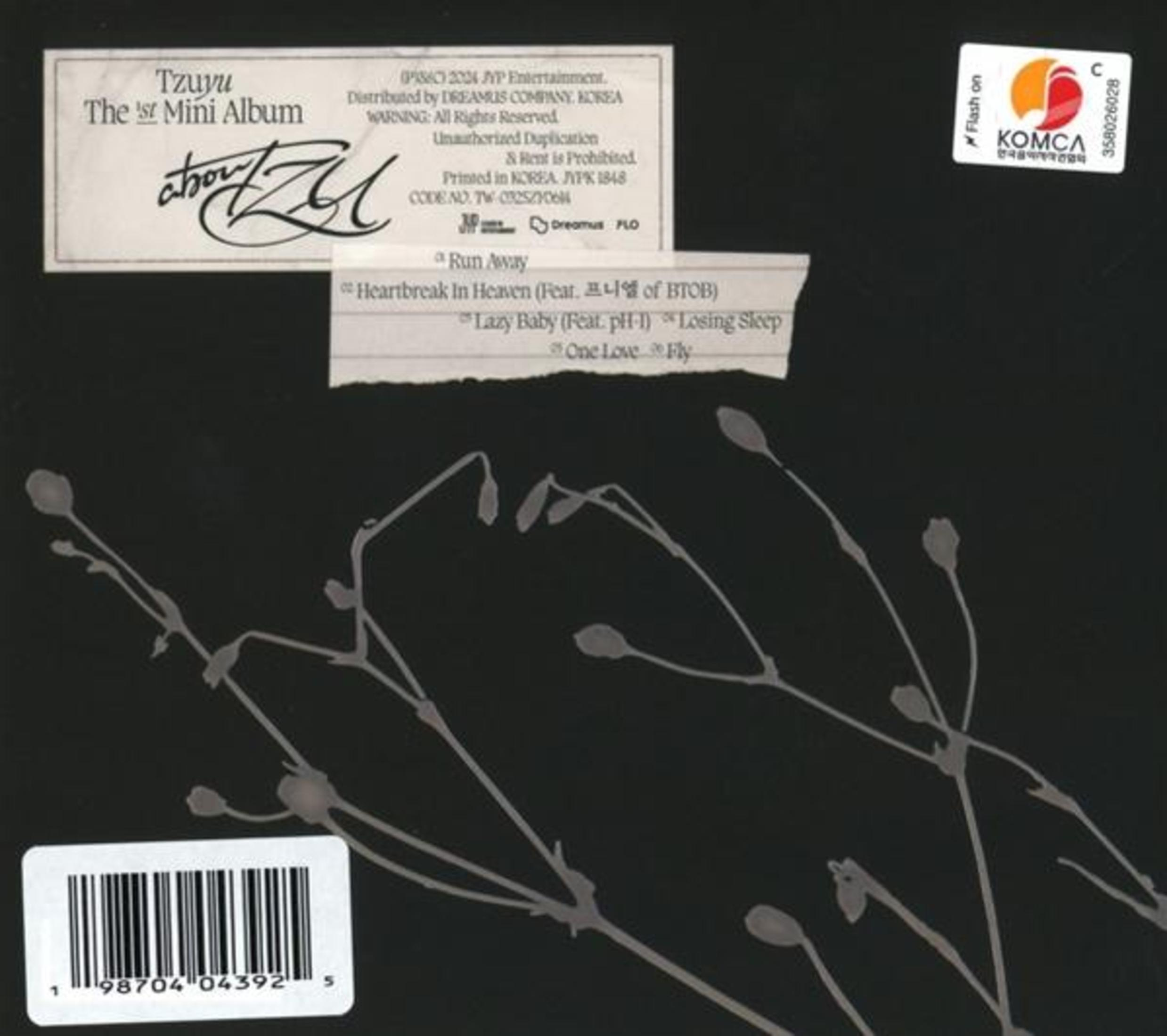 Album cover with tracklist. The album is by Tzuyu. Black background with a white drawing.