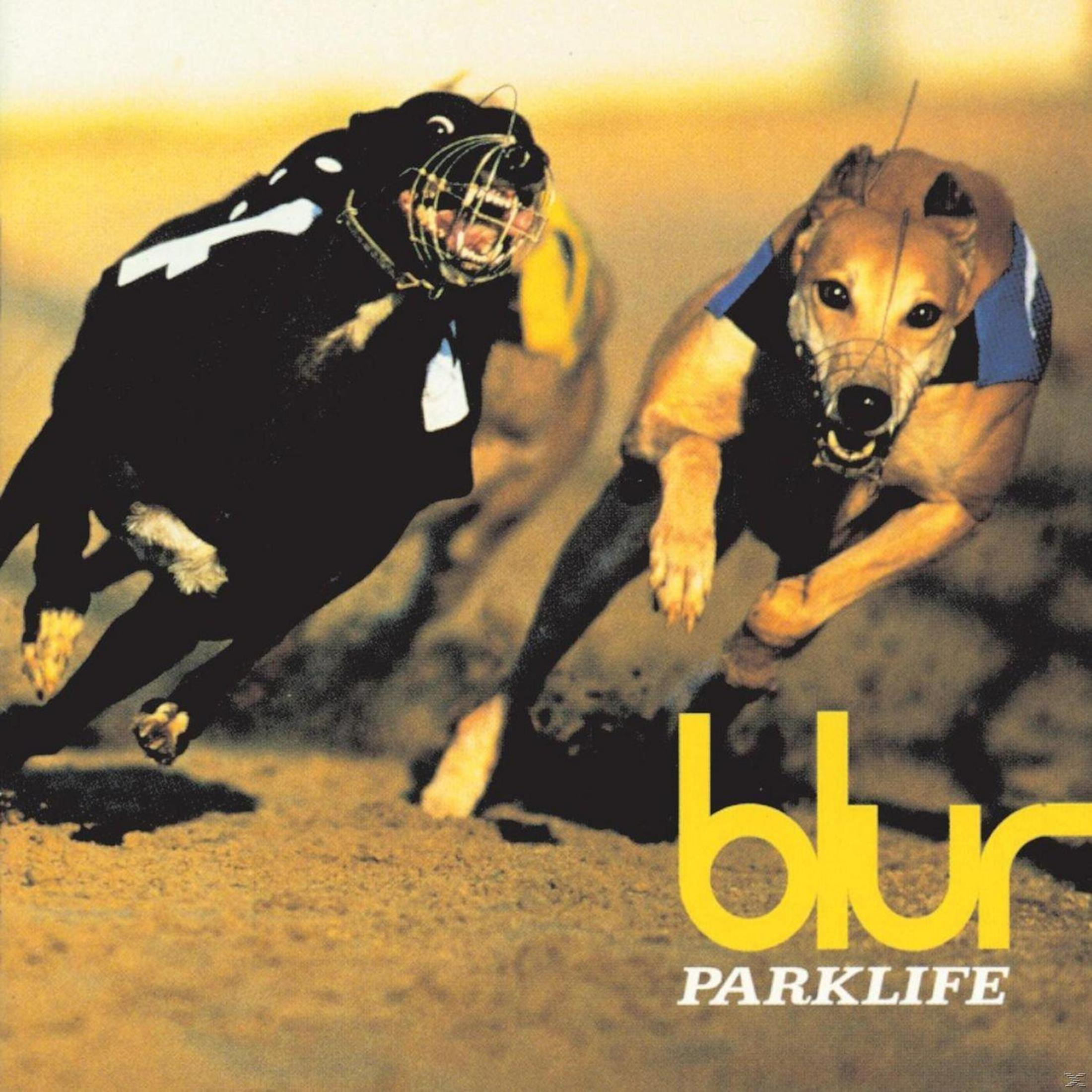 Copertina dell'album Parklife dei Blur. Due cani corrono su una pista, il titolo dell'album in giallo.
