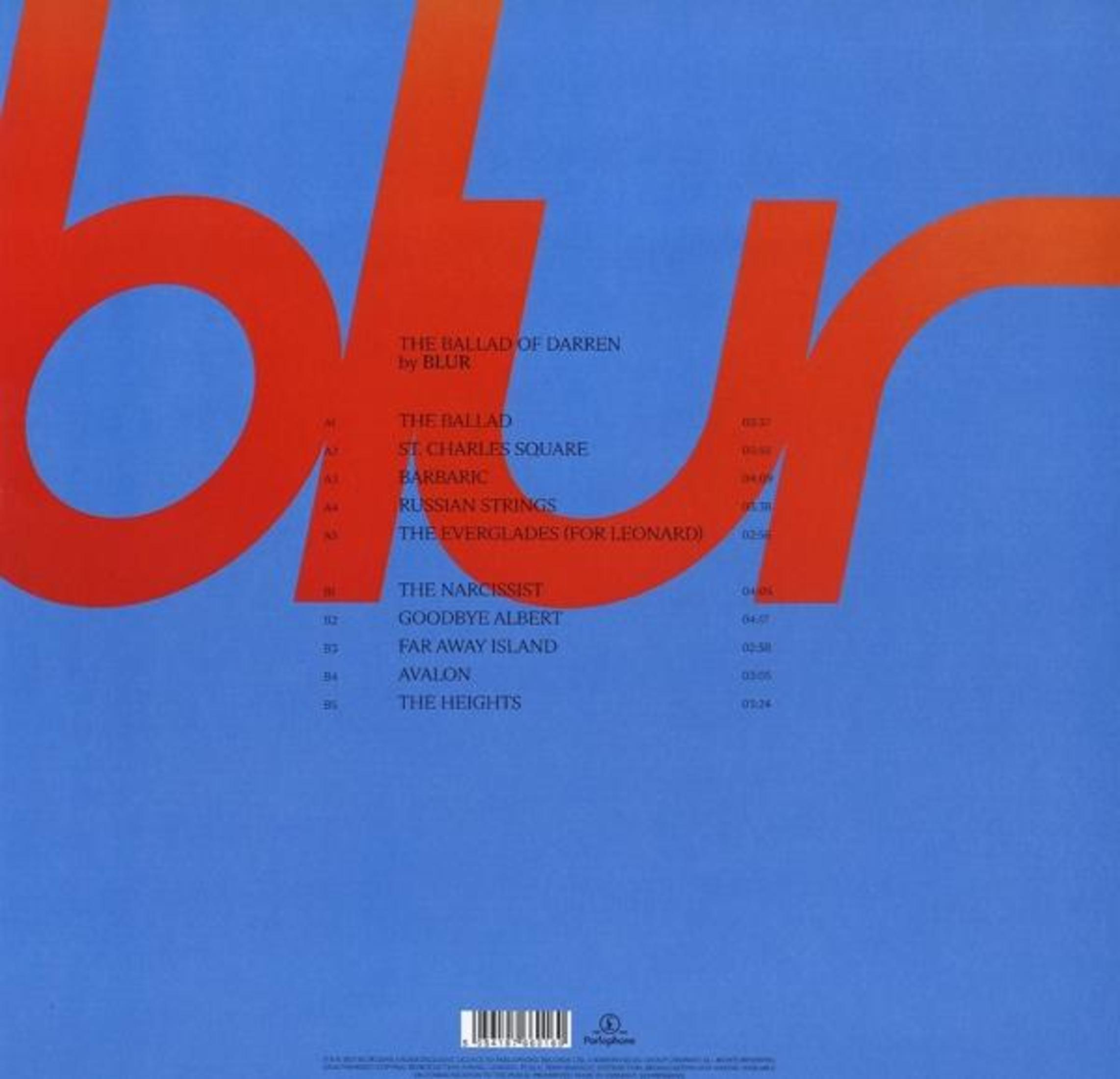 Pochette d'album avec "blur" en orange. Titres des chansons sur fond bleu.