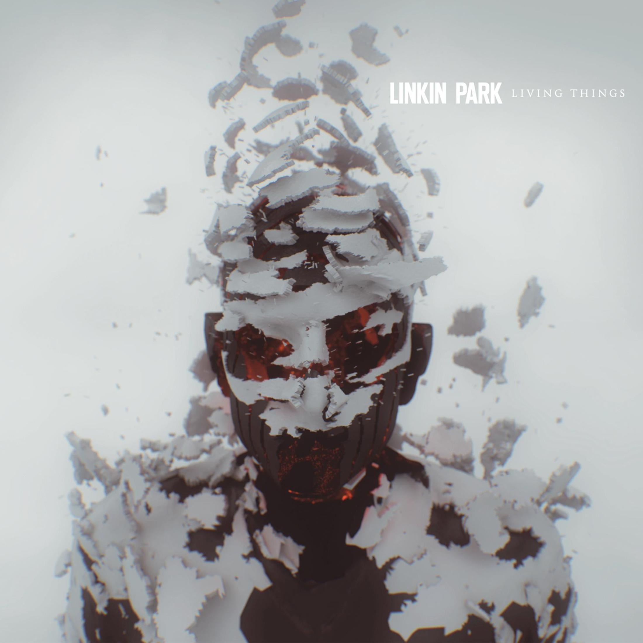 Albumcover: Eine Person mit einem weißen, rissigen Gesicht. Der Titel "Living Things" ist sichtbar.