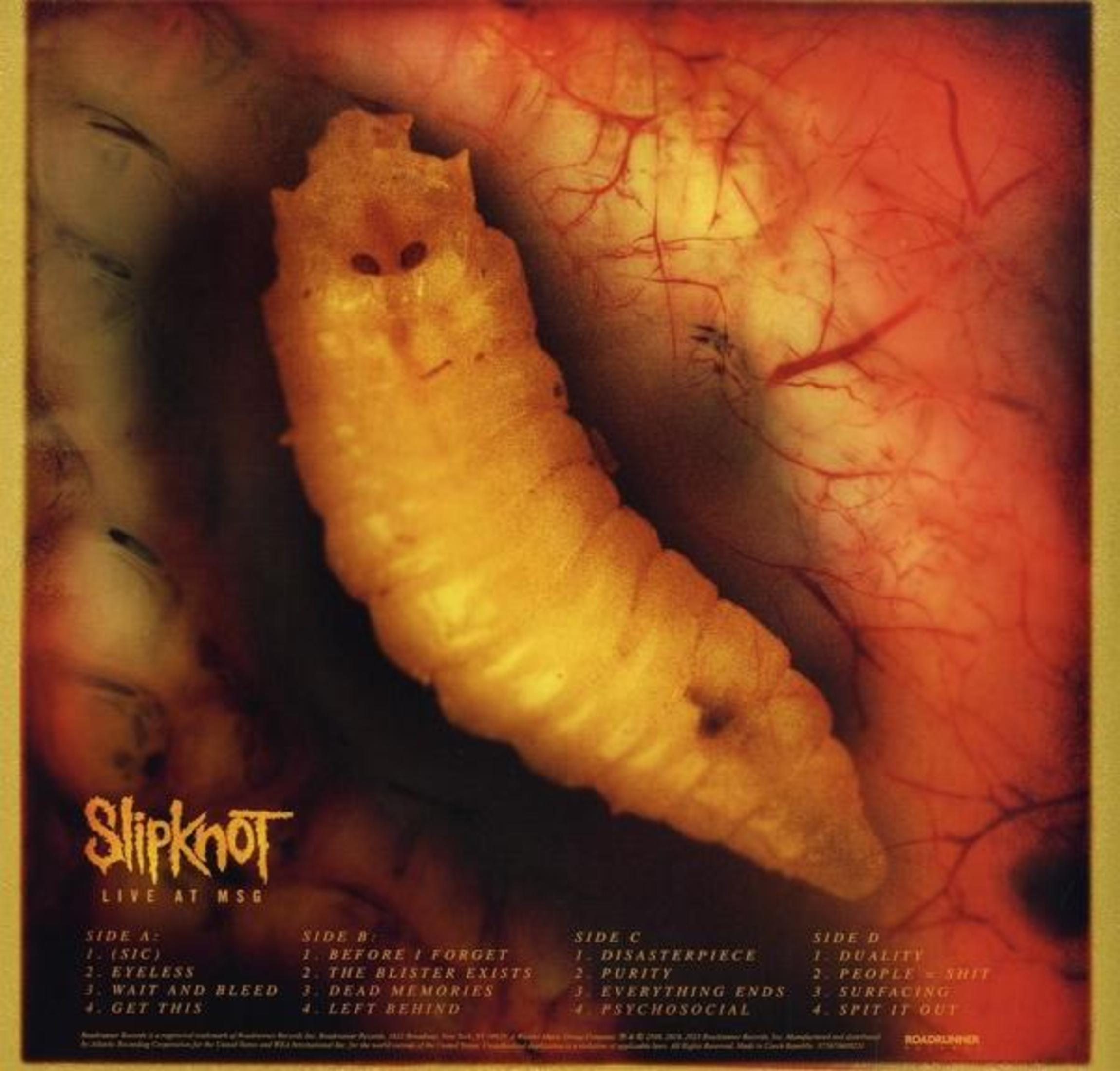 Copertina dell'album Slipknot: Creatura simile a un verme su sfondo rosso e giallo. Testo ai lati.