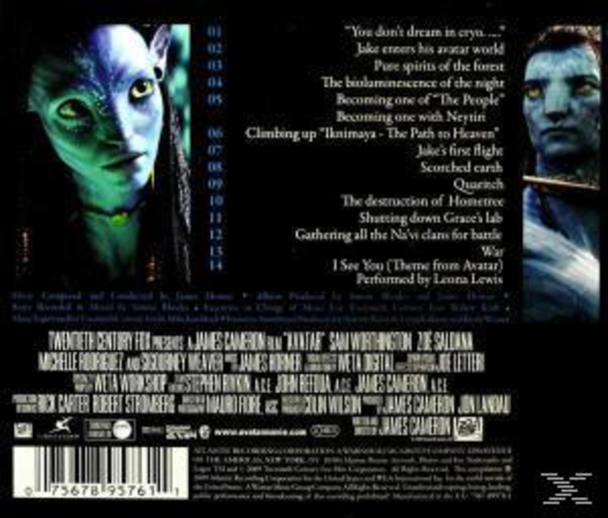Copertina dell'album della colonna sonora del film Avatar con personaggi Na'vi e scaletta.