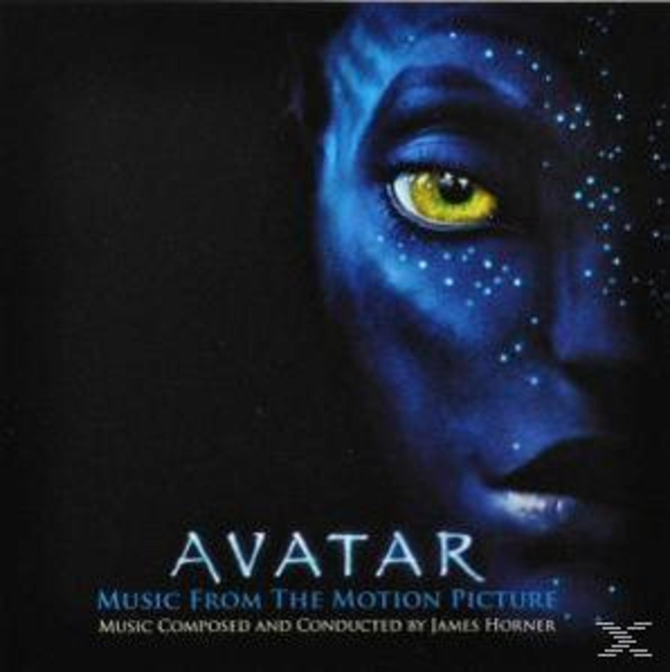 Copertina del film Avatar: volto blu, occhio giallo, stelle bianche e il titolo.