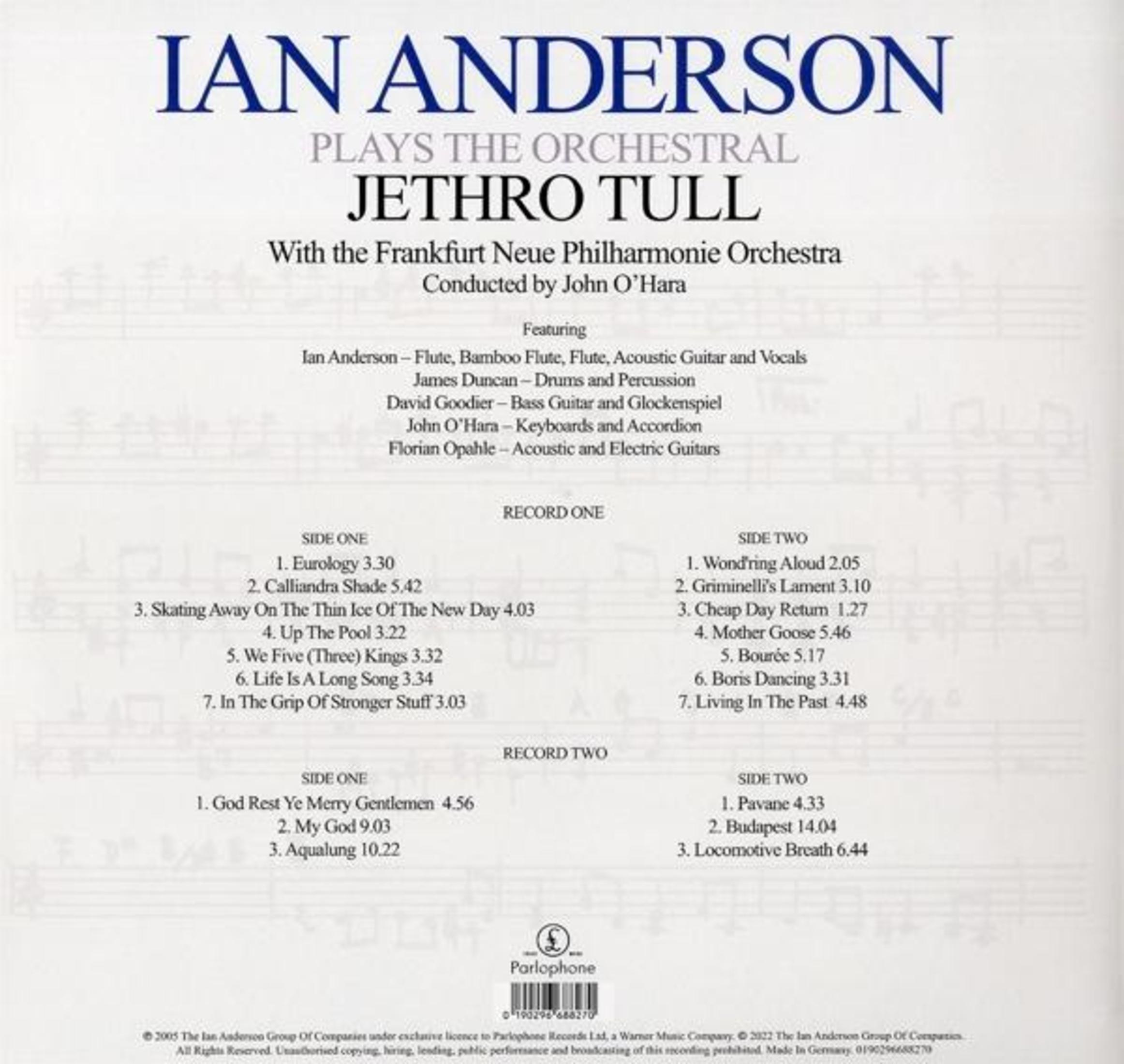 Parte trasera de la portada del álbum con listas de canciones y créditos de la orquesta.