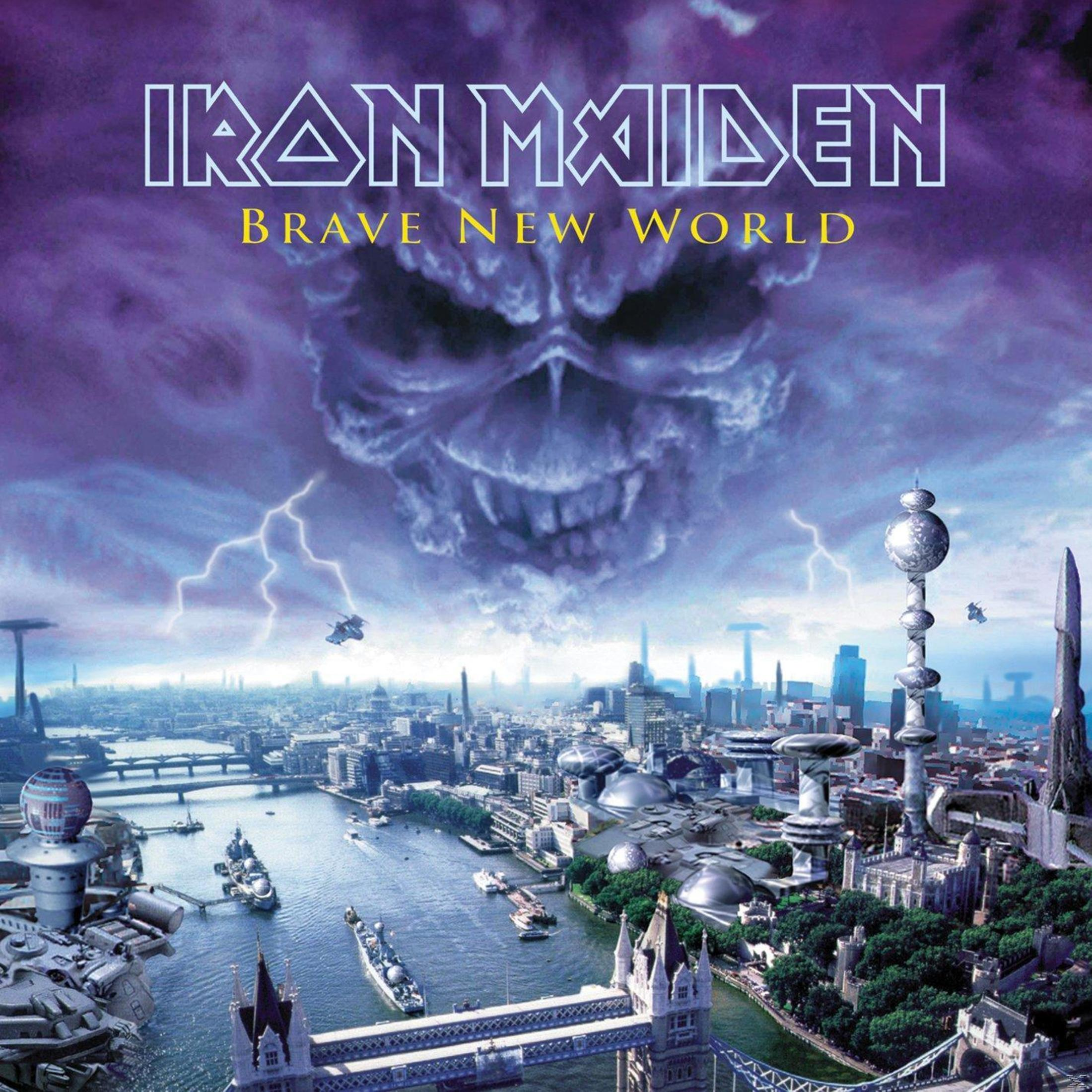 La copertina dell'album presenta un teschio sopra un paesaggio urbano. Il cielo ha nuvole temporalesche. Il titolo è 'Brave New World'.