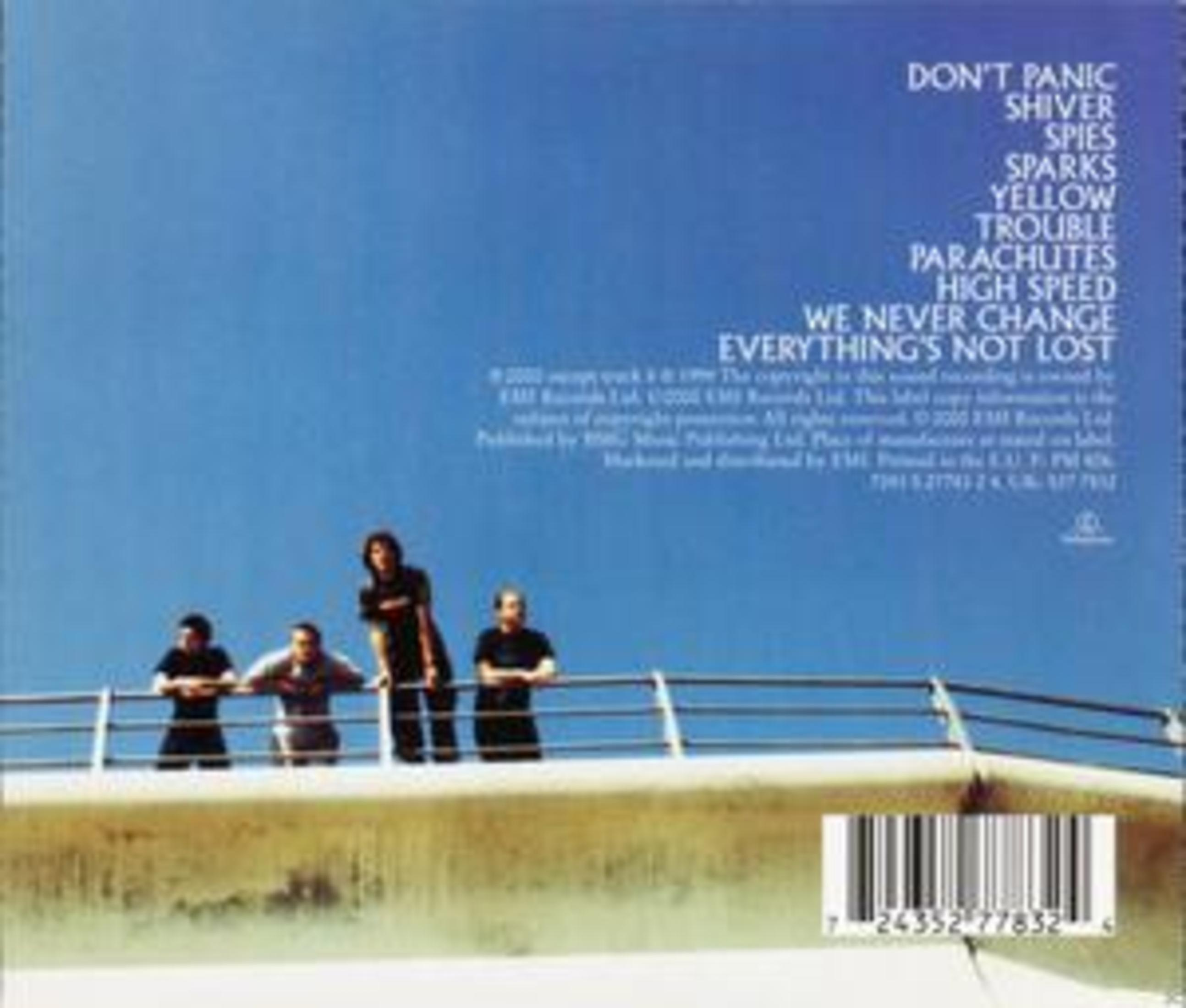 Copertina dell'album: Quattro membri della band su un ponte, titoli delle canzoni e informazioni sul copyright nel cielo blu.