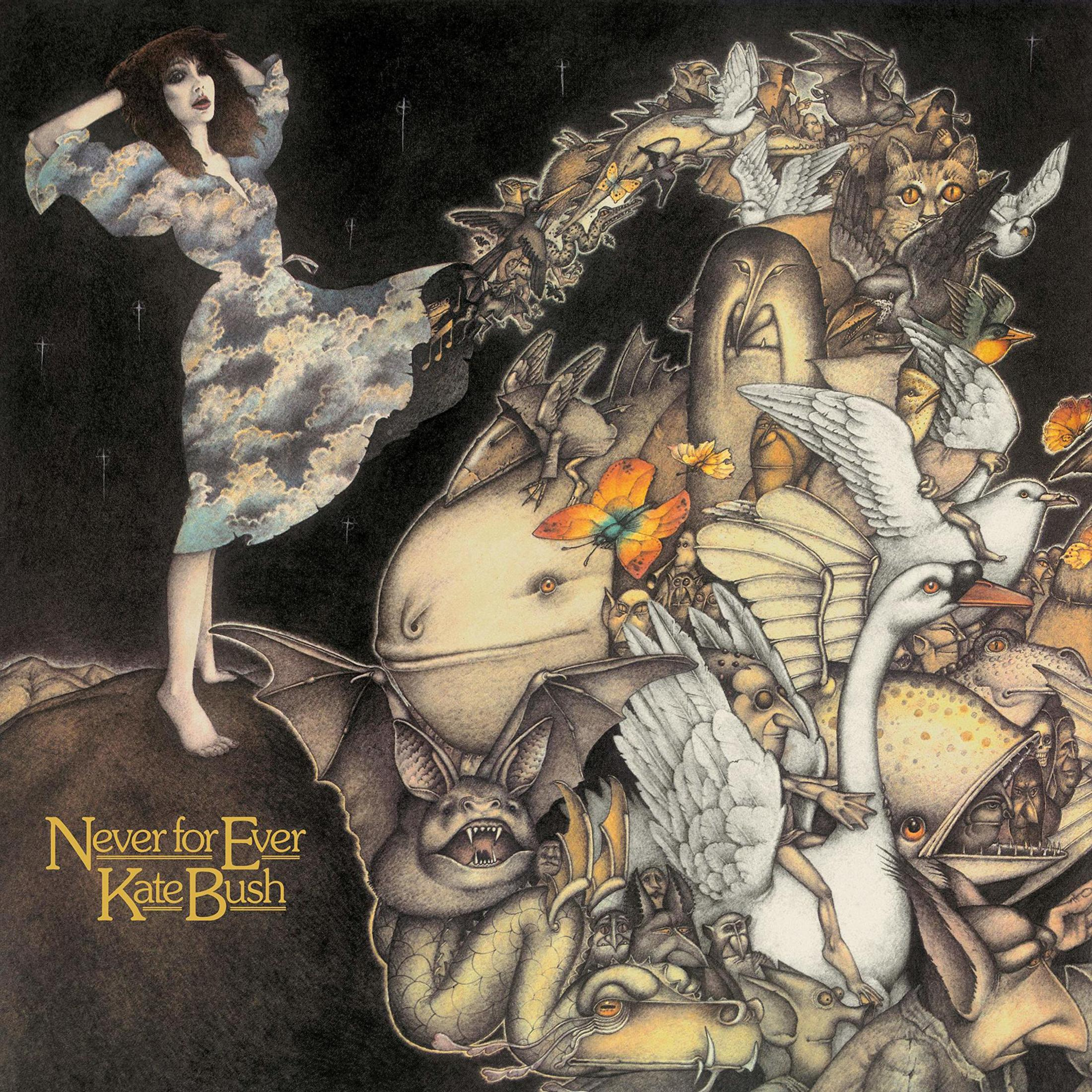 Copertina dell'album di Kate Bush. Una donna in piedi su una collina, circondata da creature fantastiche.