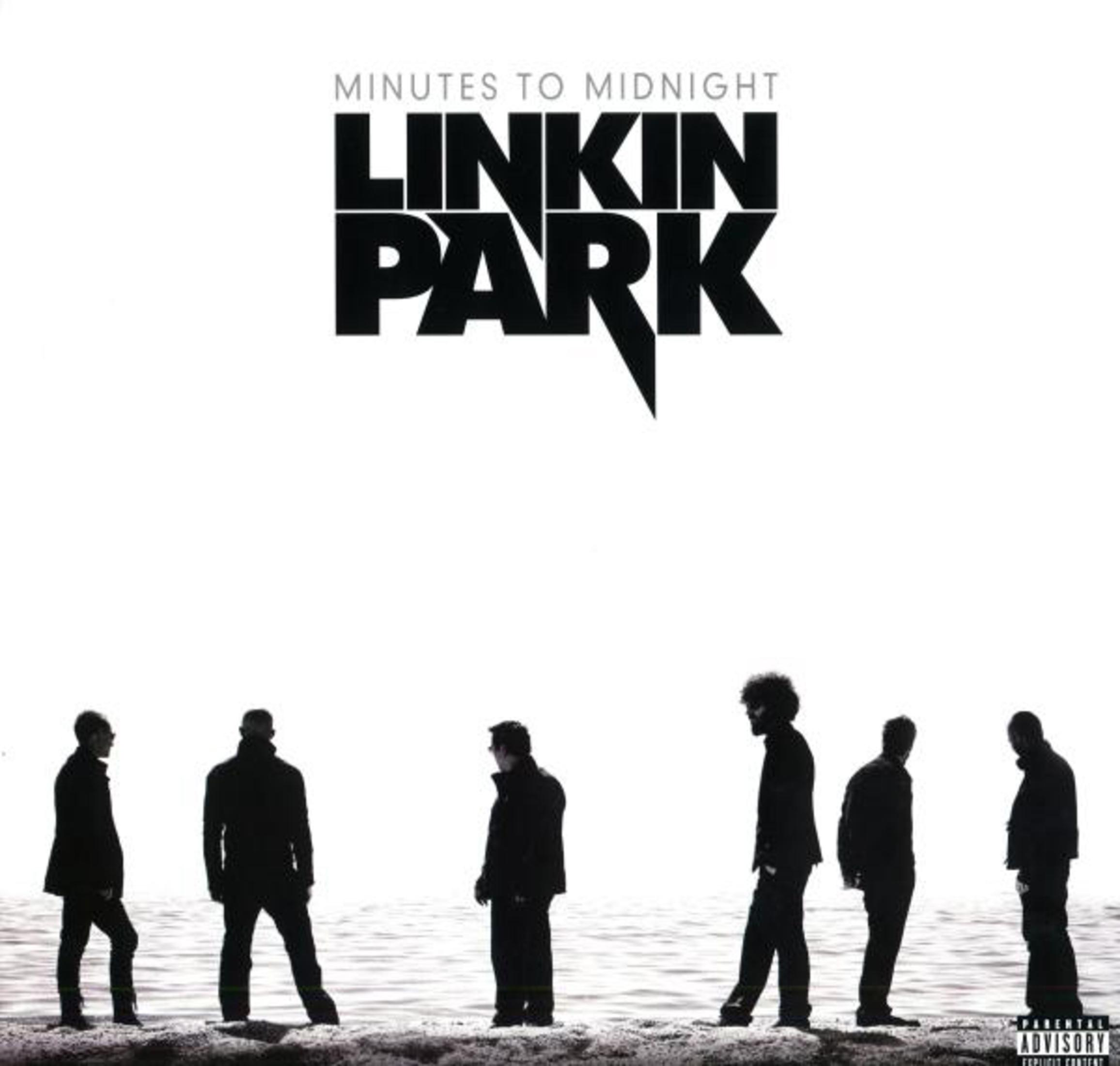 Albumhoes: Linkin Park-logo boven silhouetten van bandleden op een strand.